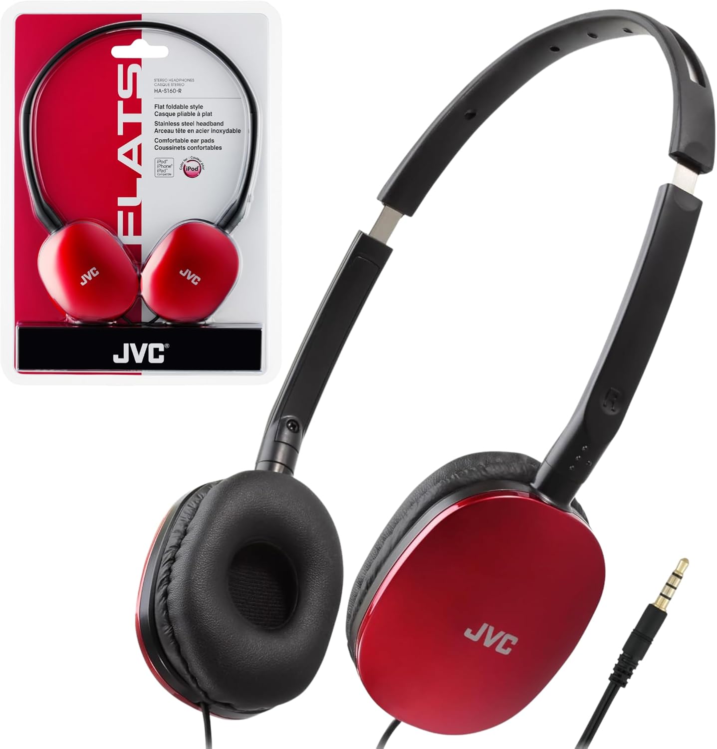 Sure, here is the corrected and grouped text from the image:

---

**JVC**

**FLATS!**

**ZERO HEADBAND**

**HA-S160-R**

**Flat Foldable style**

**Casque pliable à plat**

**Stainless steel headband**

**Arceau en acier inoxydable**

**Comfortable cushions**

**Coussinets confortables**

**iPad**

**iPad**

**iPad**

**iPad**

---

This text is from the packaging of the JVC headphones.