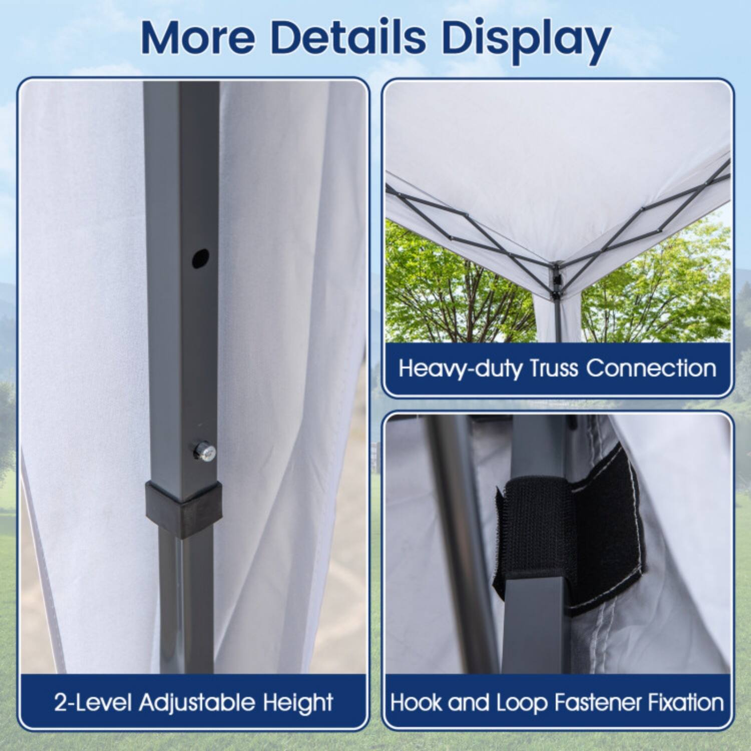 More Details Display

- Heavy-duty Truss Connection
- 2-Level Adjustable Height
- Hook and Loop Fastener Fixation