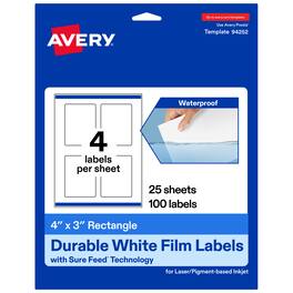 Avery - 4" x 3" Waterproof Rectangle Labels, 100 Labels - White