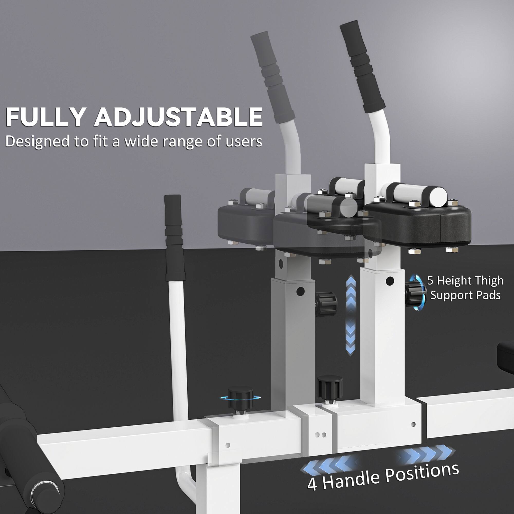 FULLY ADJUSTABLE  
Designed to fit a wide range of users  

5 Height Thigh Support Pads  

4 Handle Positions