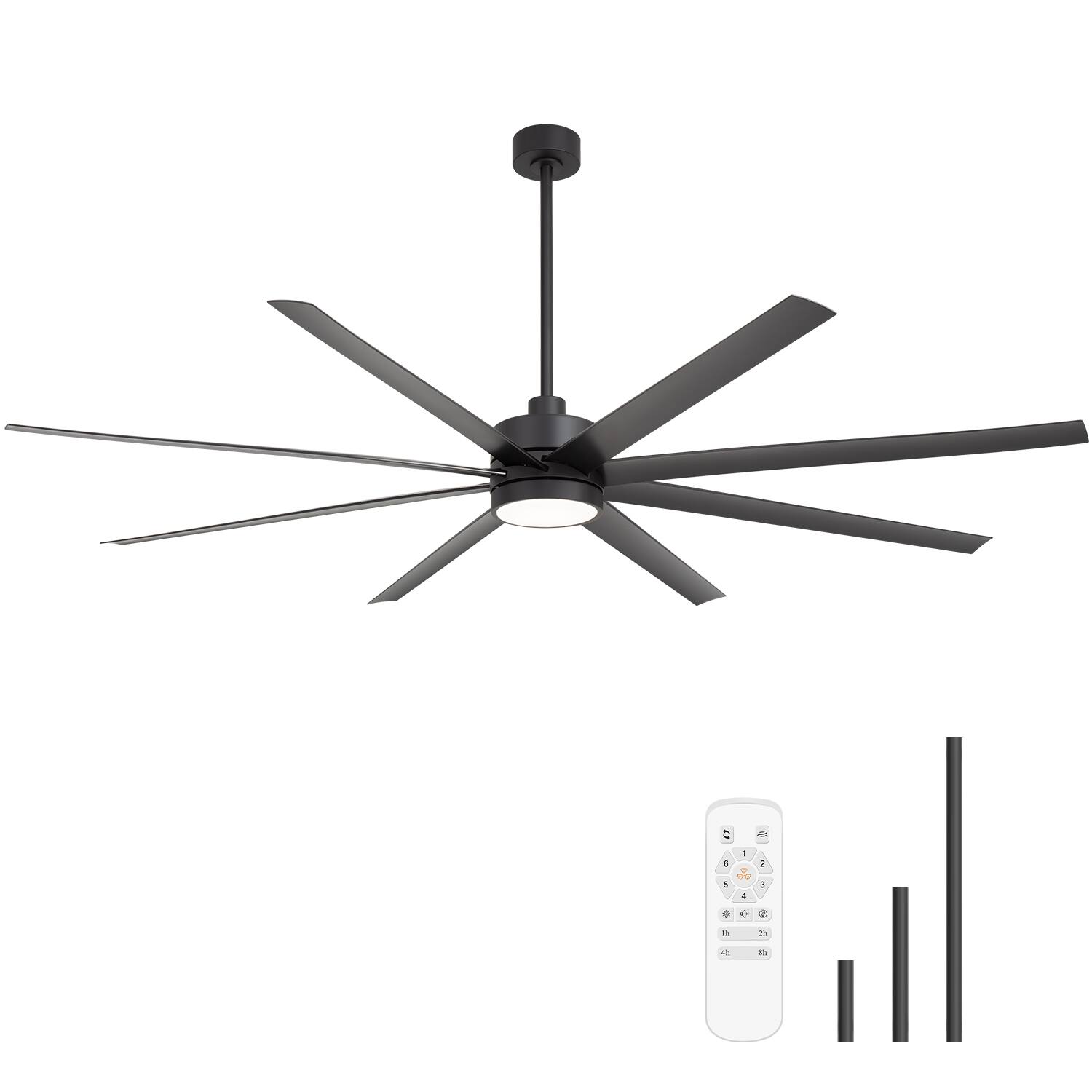 Angle. Breezary - 84-in Large Ceiling Fan with 8 ABS Blades, 6-Speed DC Motor, Remote Control, 3 Downrods with Timer, Optional Light Kit - Matte Black (With Light).