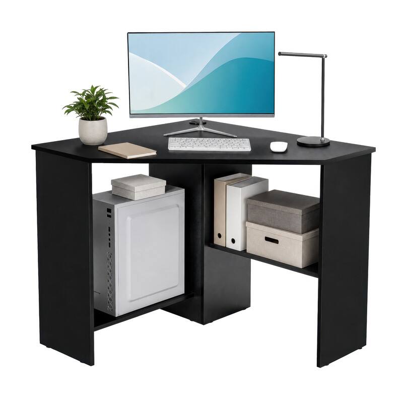 Angle. WELLFOR - Corner Computer Desk with Charging Station, Triangle Writing Workstation with Storage Shelf for Home Office - Black.