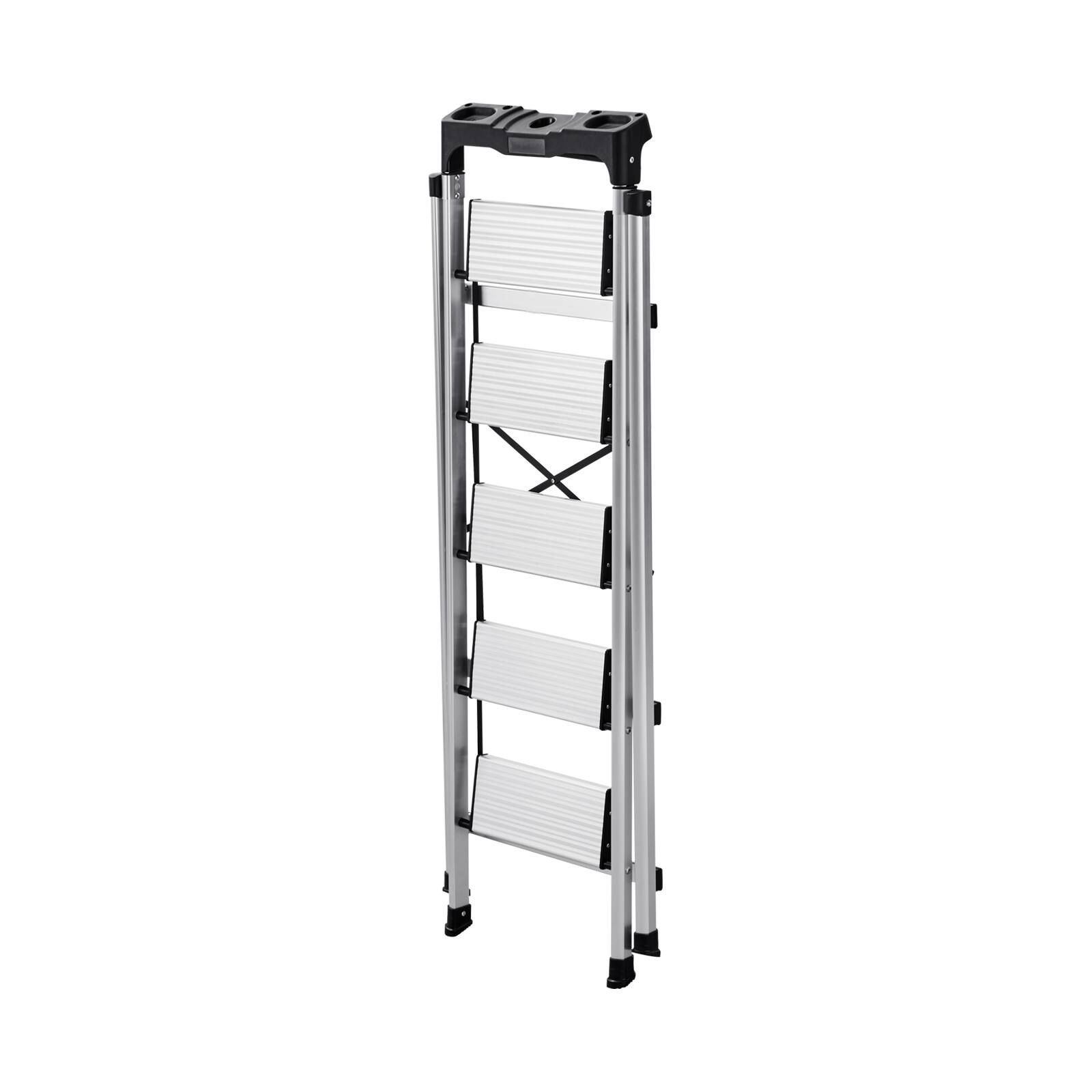 Alt View 5. VEVOR - 5 Step Ladder, Folding Step Stool with Wide Anti-Slip Pedal and Comfort Handgrip, 330 lbs Capacity Portable Aluminum - Silver.