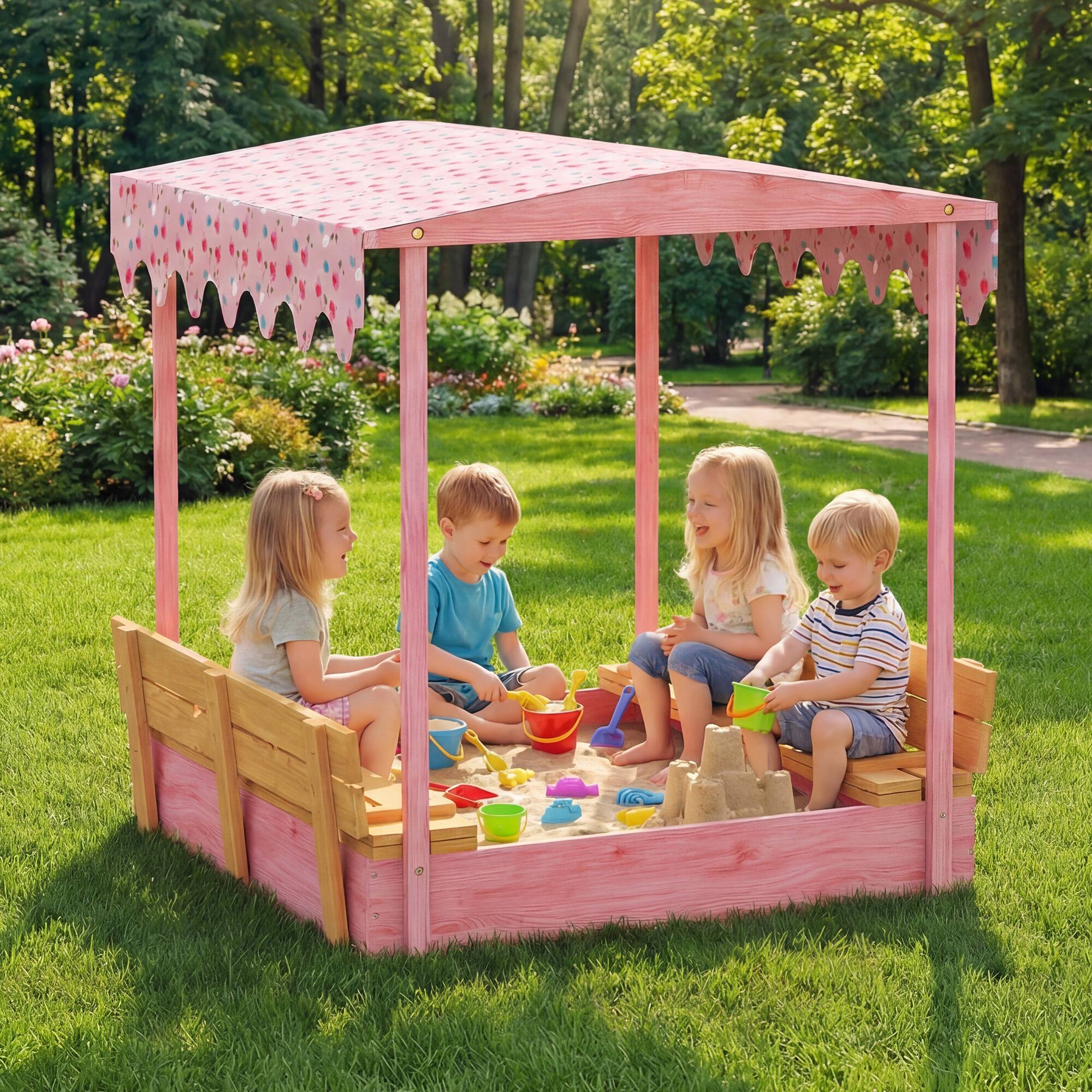 Alt View 7. Qaba - Sandbox with Cover, Kids Sandbox Outdoor with Seat, Bottom Liner, Canopy for Ages 3-6 - Pink.