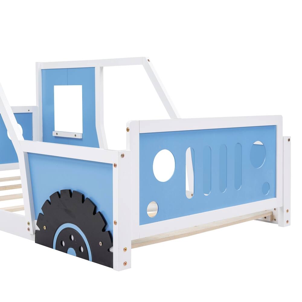 Alt View 4. Loheer - Loheer Twin Size Classic Car Shaped Platform Bed with Wheels, Blue Kids Wooden Bed Frame - Blue.