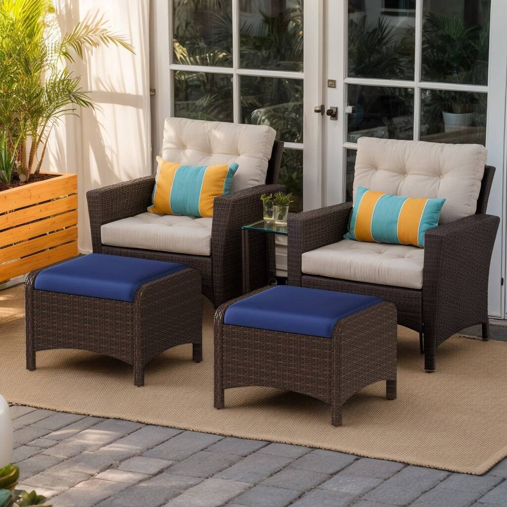 Front. Kadyn - Outdoor Footstool Footrest,2 Pieces Outdoor Patio PE Wicker Ottomans with Removable Cushions-Navy - Blue.