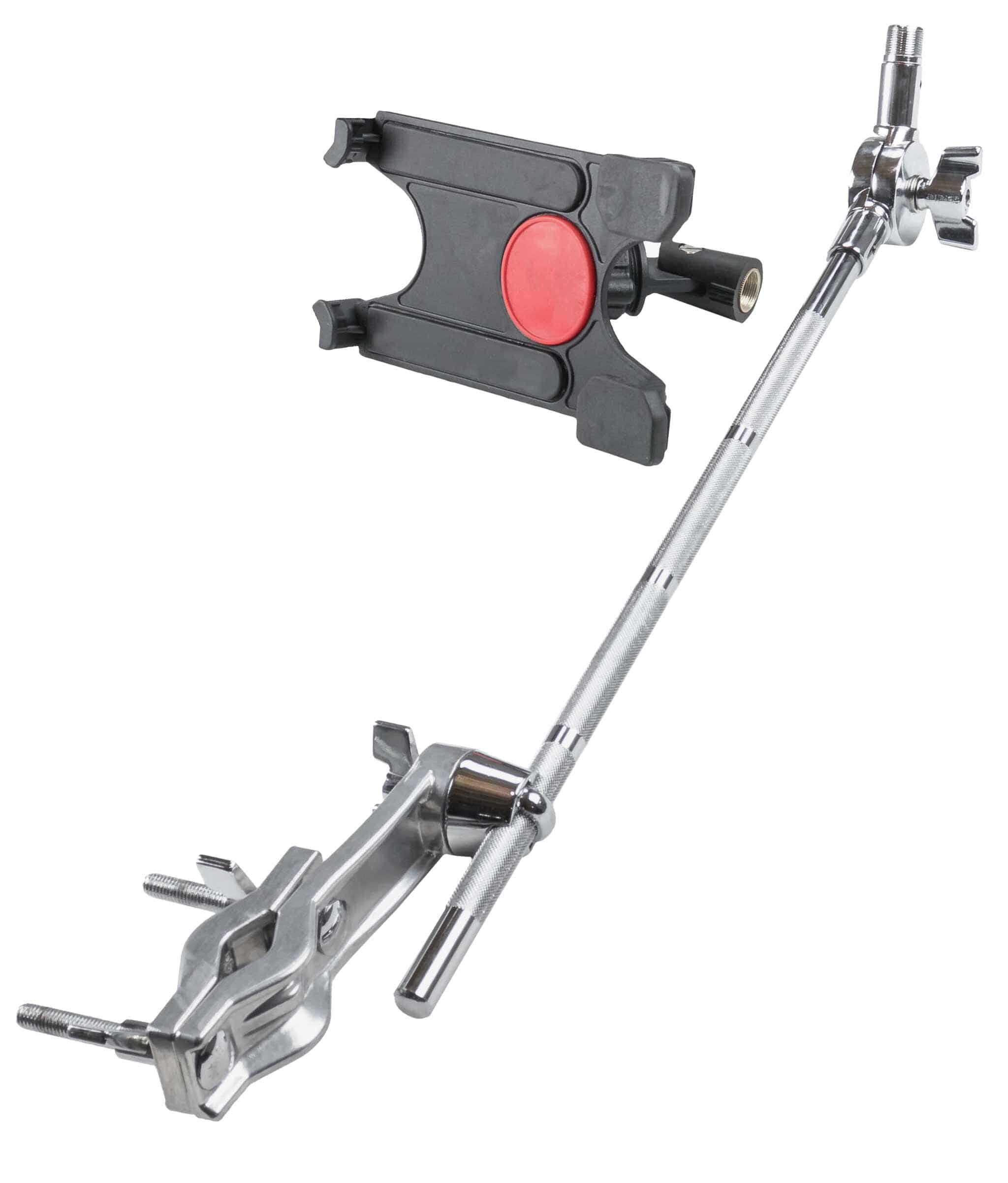 Left. Gibraltar Hardware - Tablet Holder with Boom Arm and Clamp, Drum Kit Accessory, Secure Tablet Mount with Multi-Angle Positioning - Black.