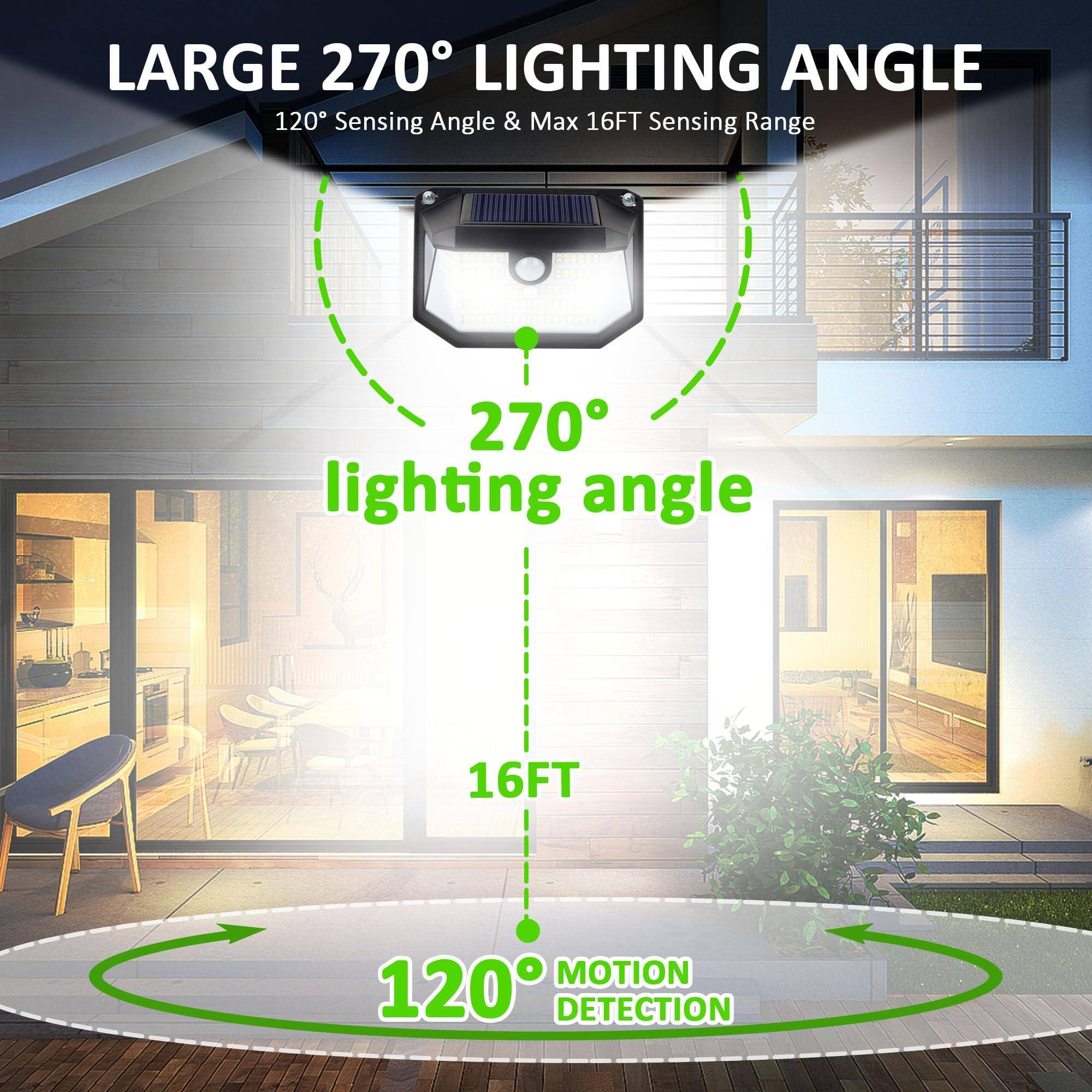 LARGE 270° LIGHTING ANGLE  
120° Sensing Angle & Max 16FT Sensing Range  

270° lighting angle  

16FT  

120° MOTION DETECTION