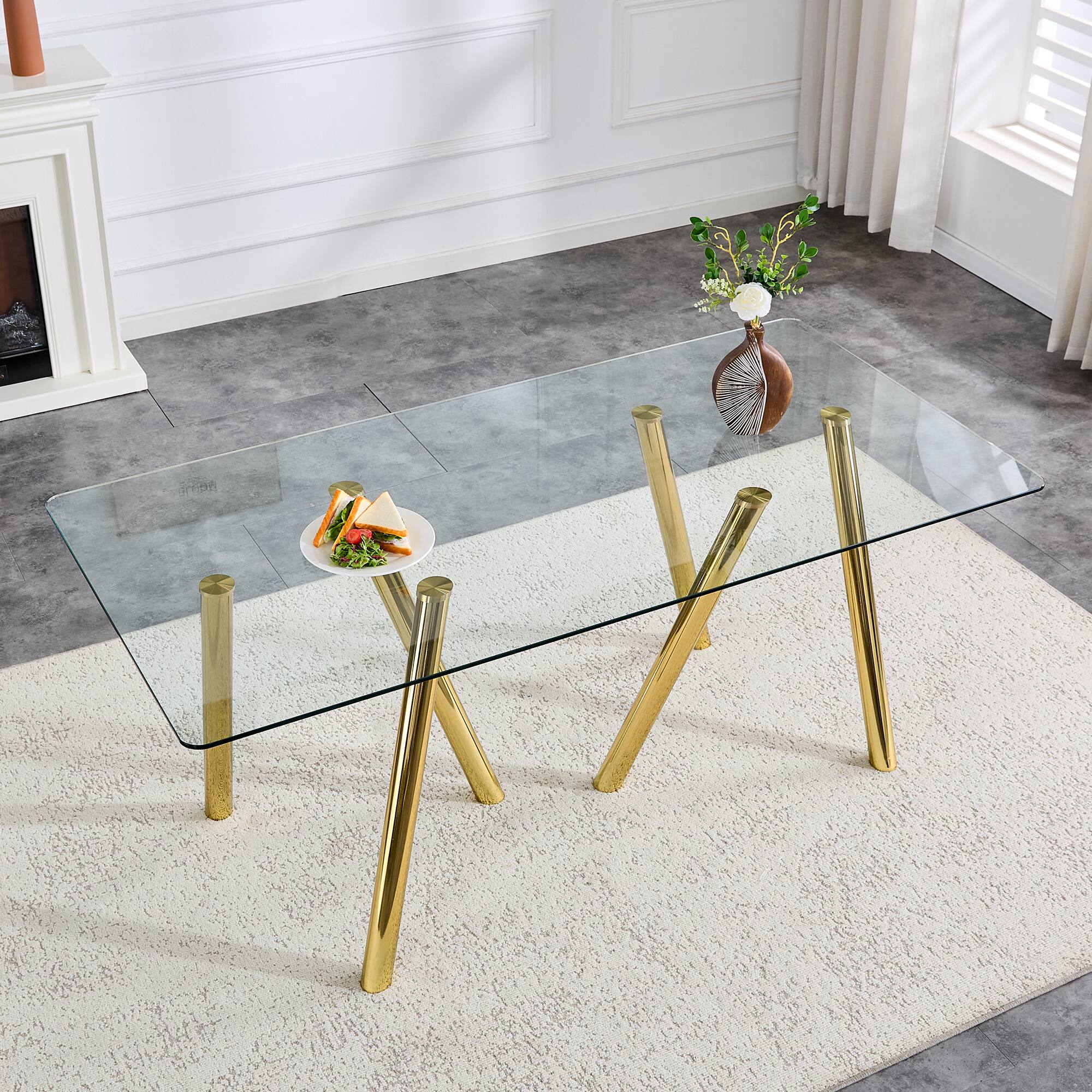 Angle. Loheer - Loheer- 5.9 Ft Modern Tempered Glass Dining Table with Sturdy Metal Legs for Large Family - Gold.