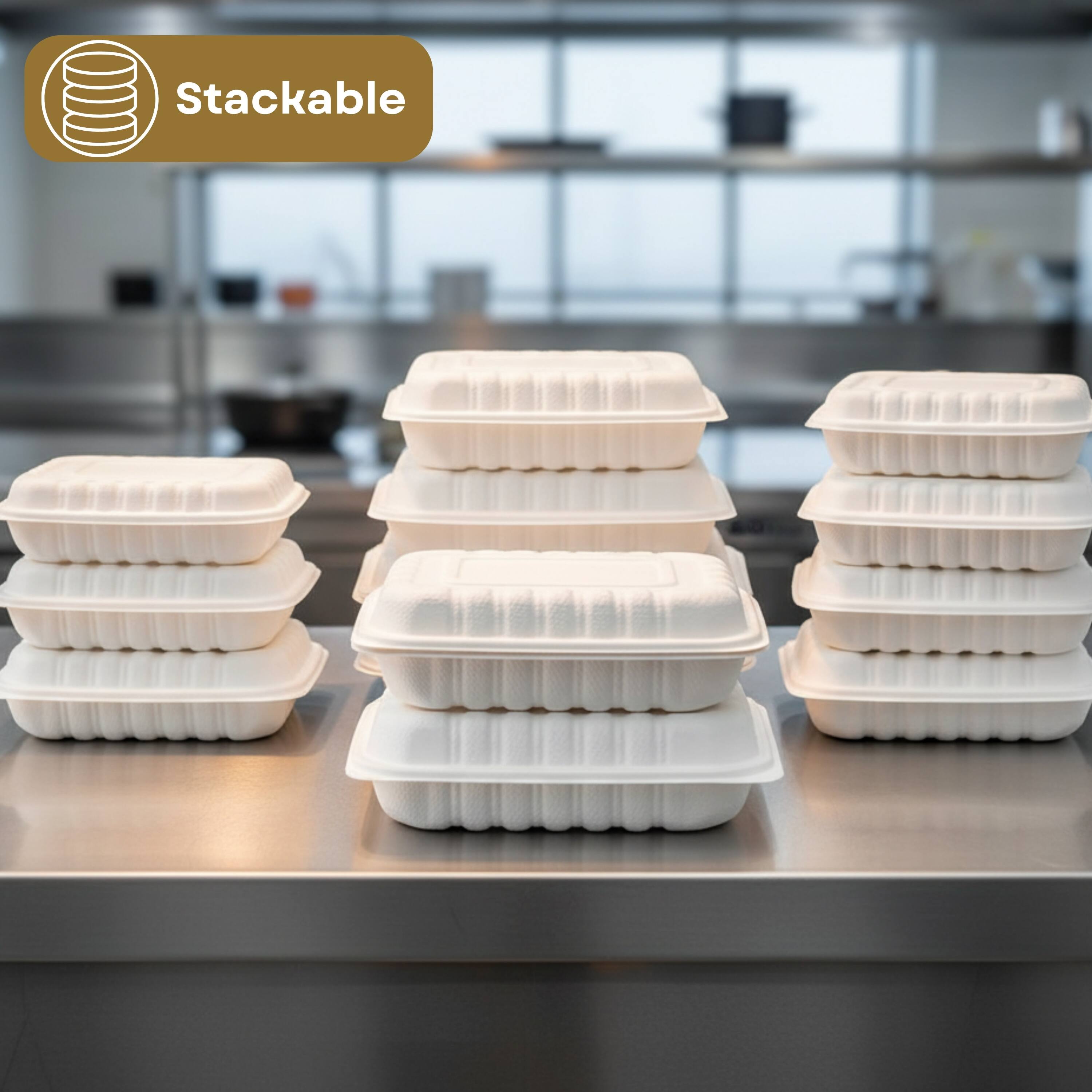 Alt View 5. Eco Harmony Products - Clamshell (MFPP) Hinged Container (Corner Lock), 3-compartment, 9" x 9", 150-Pack - White.