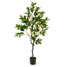 Costway - 1 PCS 4 FT Tall Artificial Lemon Tree with Lemon Fruits, Cement Pot for Porch, Office - Green,Yellow,Black