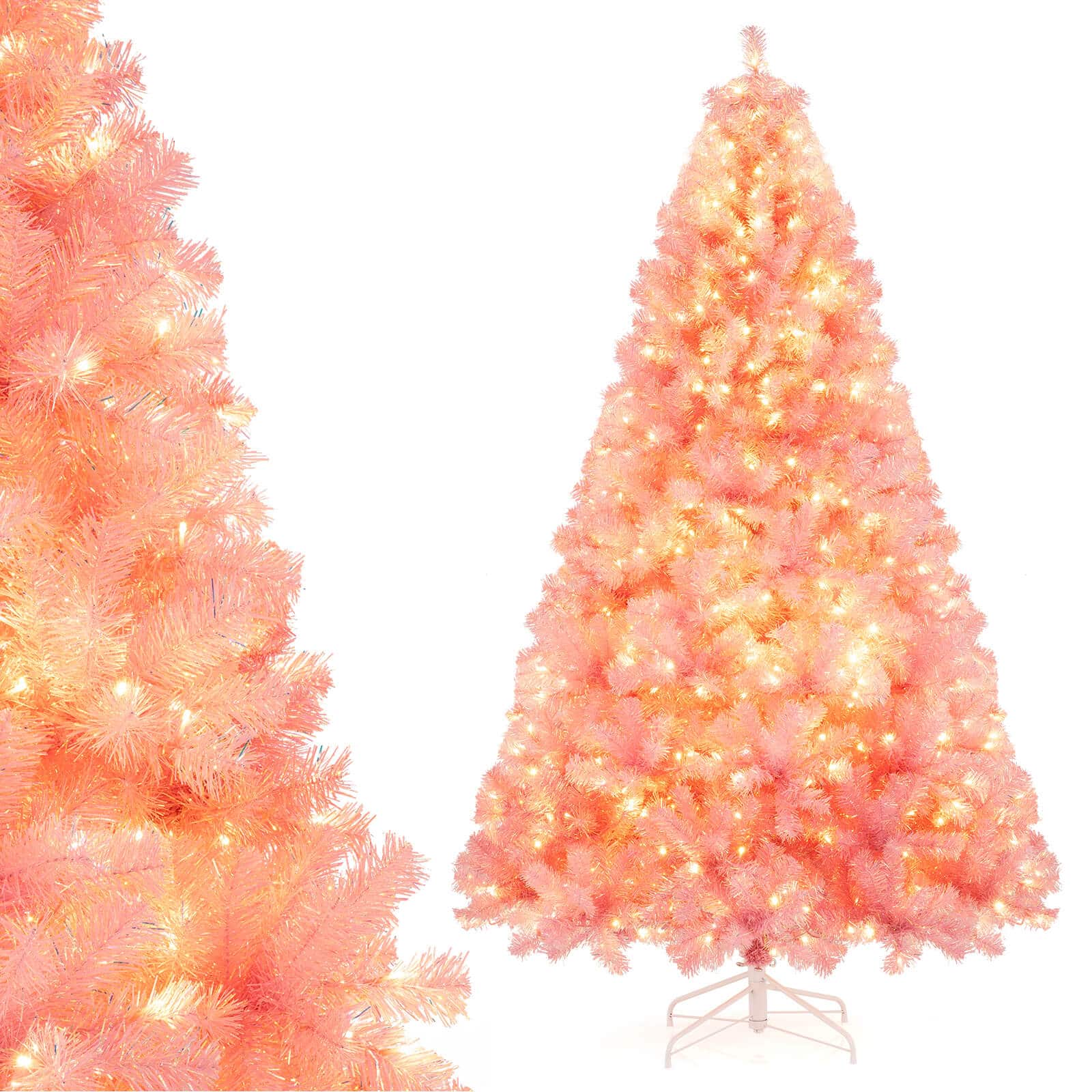 Costway - 7.5 FT Artificial Xmas Tree with 1300 Branch Tips, 550 Warm White LED Lights 8 Modes - Pink