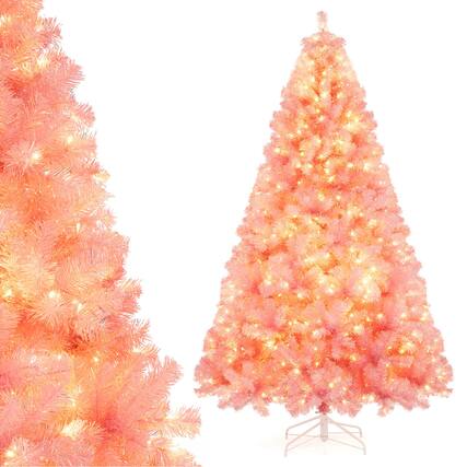 Front. Costway - Costway 7.5 FT Artificial Xmas Tree with 1300 Branch Tips, 550 Warm White LED Lights 8 Modes Pink - Pink.