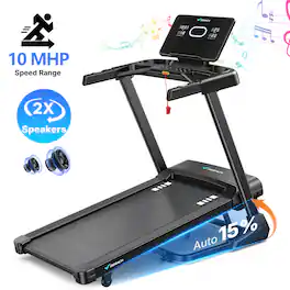 MERACH - Folding Treadmill 15% Auto Incline, 19"x47" Wide Belt, 10MPH, Bluetooth Speaker, HR Monitor, 40 Built-in Programs - Black