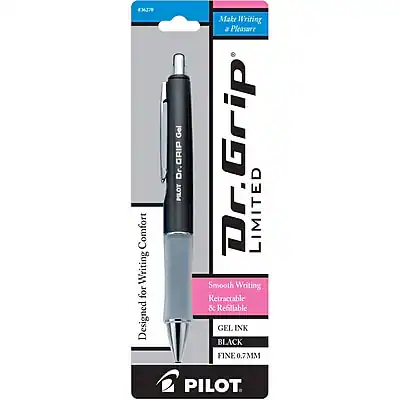 Sure, here is the corrected and grouped text:
**Dr. Grip Limited Edition**
**Designed for Writing Comfort**
**Smooth Writing Retractable & Refillable**
**GEL INK BLACK FINE 0.7MM**
**PILOT**
**Make Writing a Pleasure**