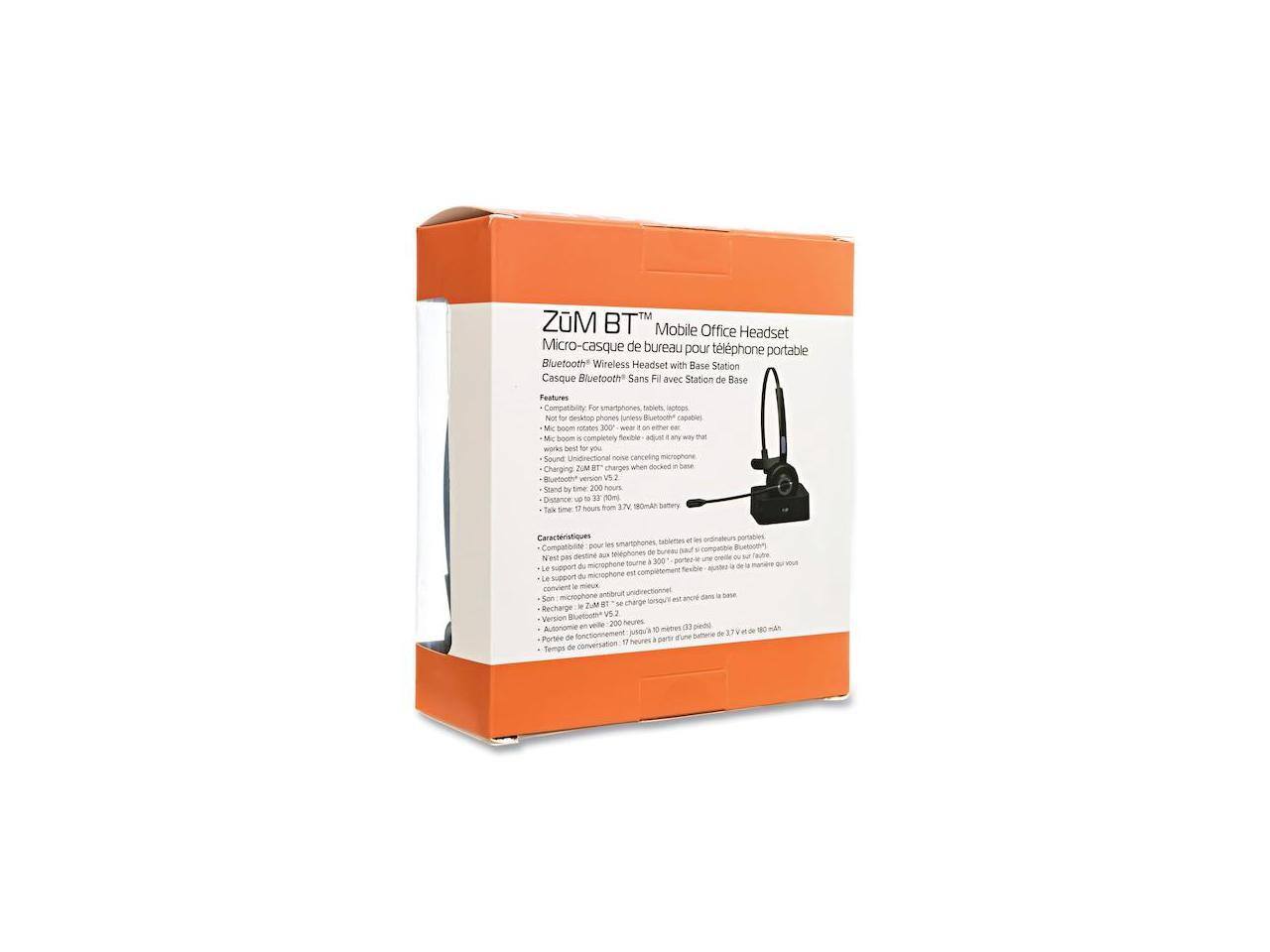 ZuM BT Mobile Office Headset  
Micro-casque de bureau pour téléphone portable Bluetooth Wireless Headset with Base Station  
Casque Bluetooth Sans Fil avec Station de Base  

Features:  
- Compatibility with smartphones, tablets, laptops  
- Mic boom rotates 360°, wear it on either ear  
- Mic boom is completely flexible, adjust it any way you like  
- Works best with your noise-canceling microphone  
- ZUM BT charges when docked  
- Bluetooth version: V5.0  
- Distance up to 33 ft (10 m)  
- Talk time: 7 hours from 3.7V 180mAh battery  

Caractéristiques:  
- Compatible avec smartphones, tablettes et ordinateurs portables  
- Le support micro peut pivoter à 360°, portez-le sur l'oreille de votre choix  
- Le support micro est complètement flexible, ajustez-le comme vous le souhaitez  
- Fonctionne le mieux avec votre microphone anti-bruit  
- ZUM BT se charge lorsqu'il est en mode station  
- Version Bluetooth: V5.0  
- Distance jusqu'à 33 ft (10 m)  
