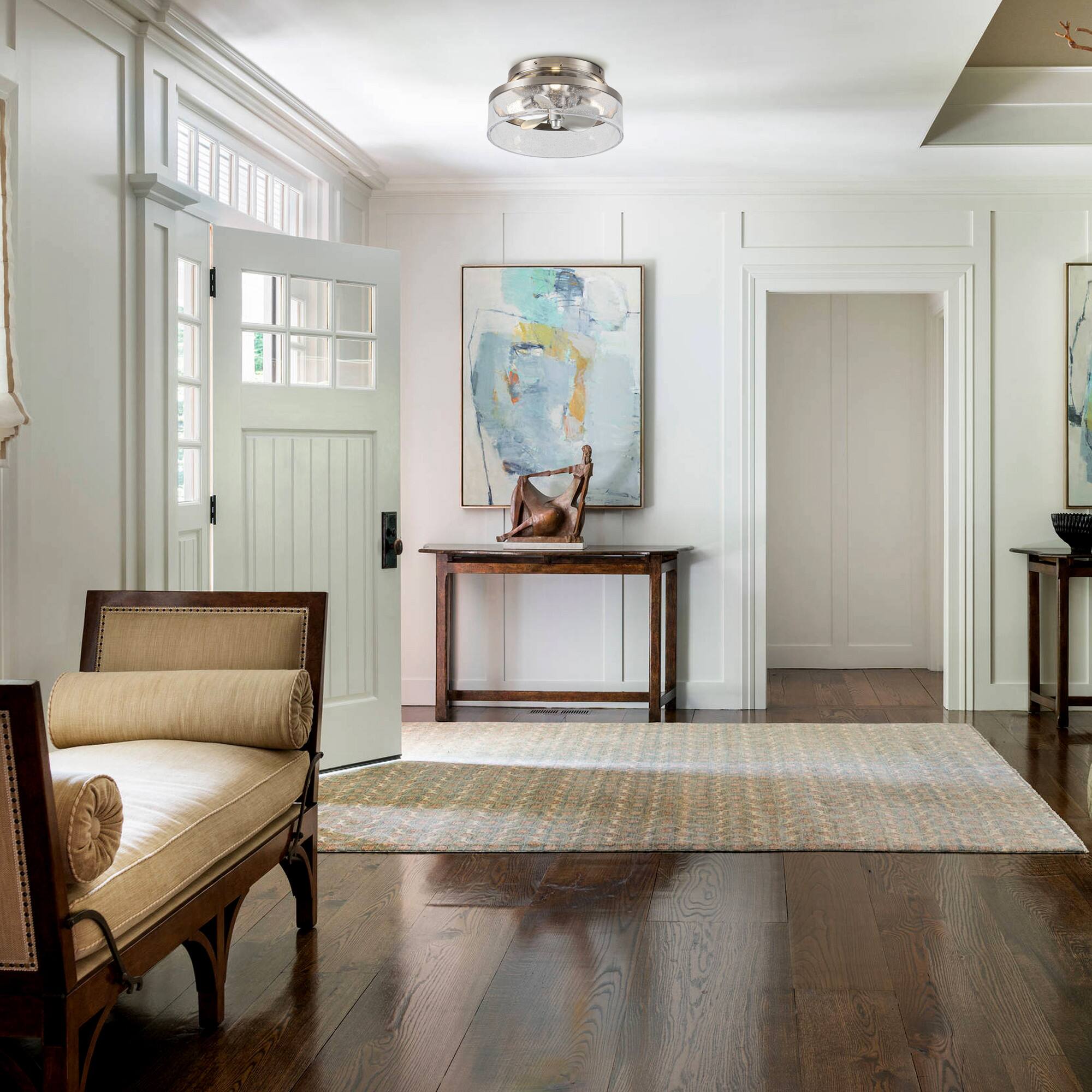 Angle. Parrot Uncle - 12.6" Small Satin Nickel Flush Mount Ceiling Fan with Light - Nickel.