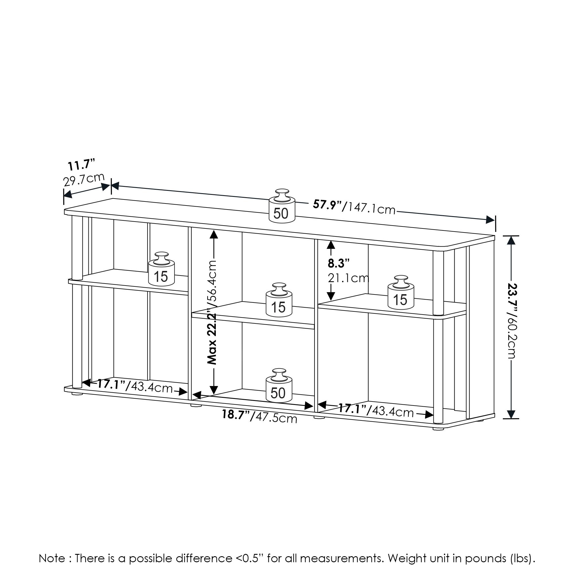 11.7" / 29.7cm  
15" / 38.1cm  
50" / 127cm  
8.3" / 21.1cm  
17.1" / 43.4cm  
18.7" / 47.5cm  
23.7" / 60.2cm  
57.9" / 147.1cm  

Note: There is a possible difference <0.5" for all measurements. Weight unit in pounds (lbs).