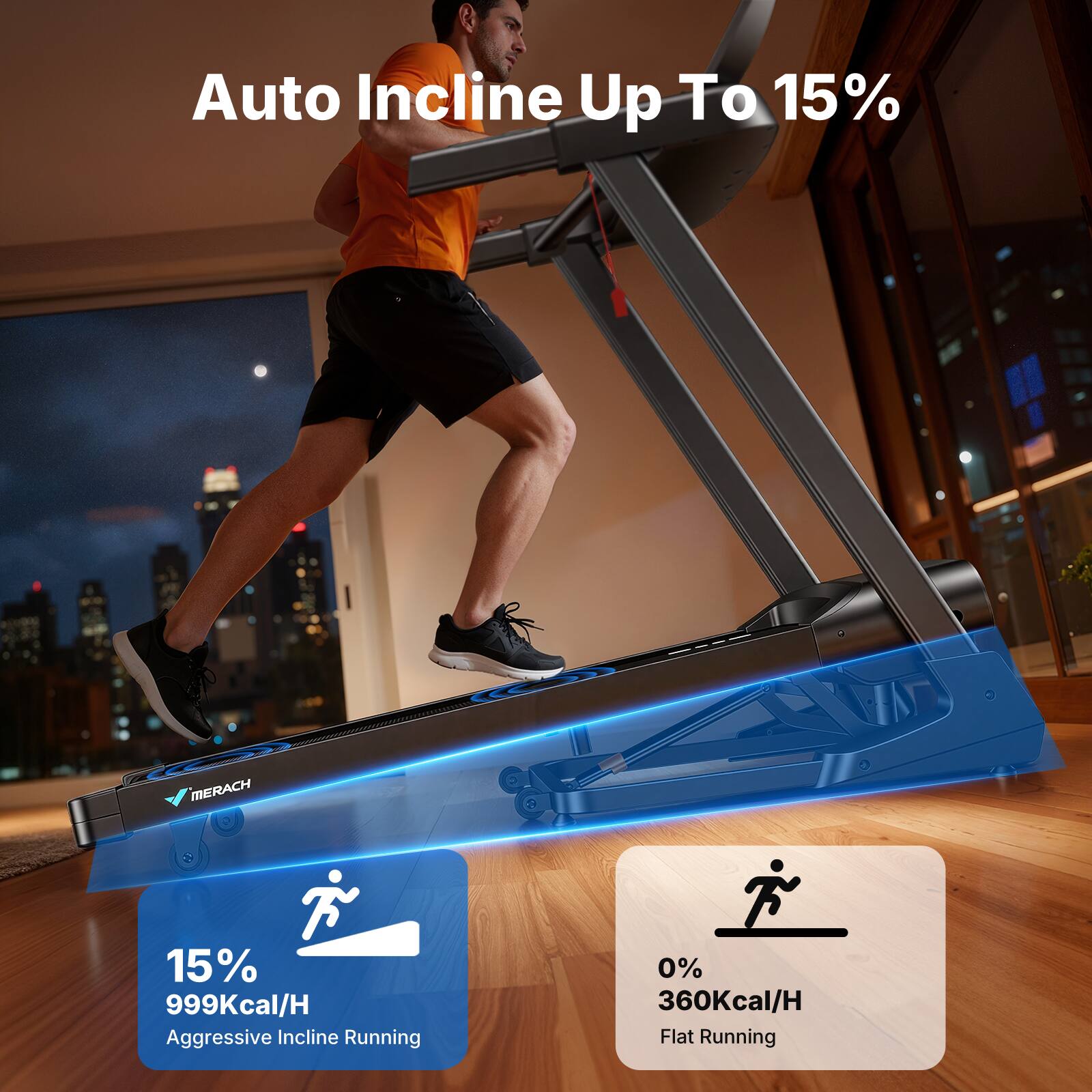 Auto Incline Up To 15%  
MERACH  
F 15% 999Kcal/H Aggressive Incline Running  
0% 360Kcal/H Flat Running