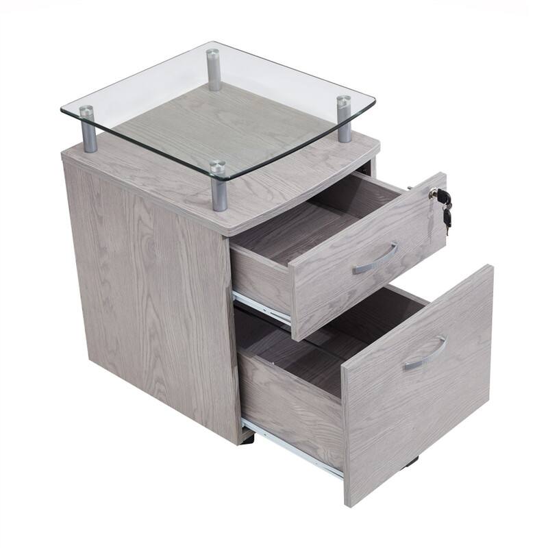 Angle. HTUTWOO - Rolling File Cabinet with Glass Top - Locking Drawers, Mobile with Casters, Tempered Glass Shelf - Gray.