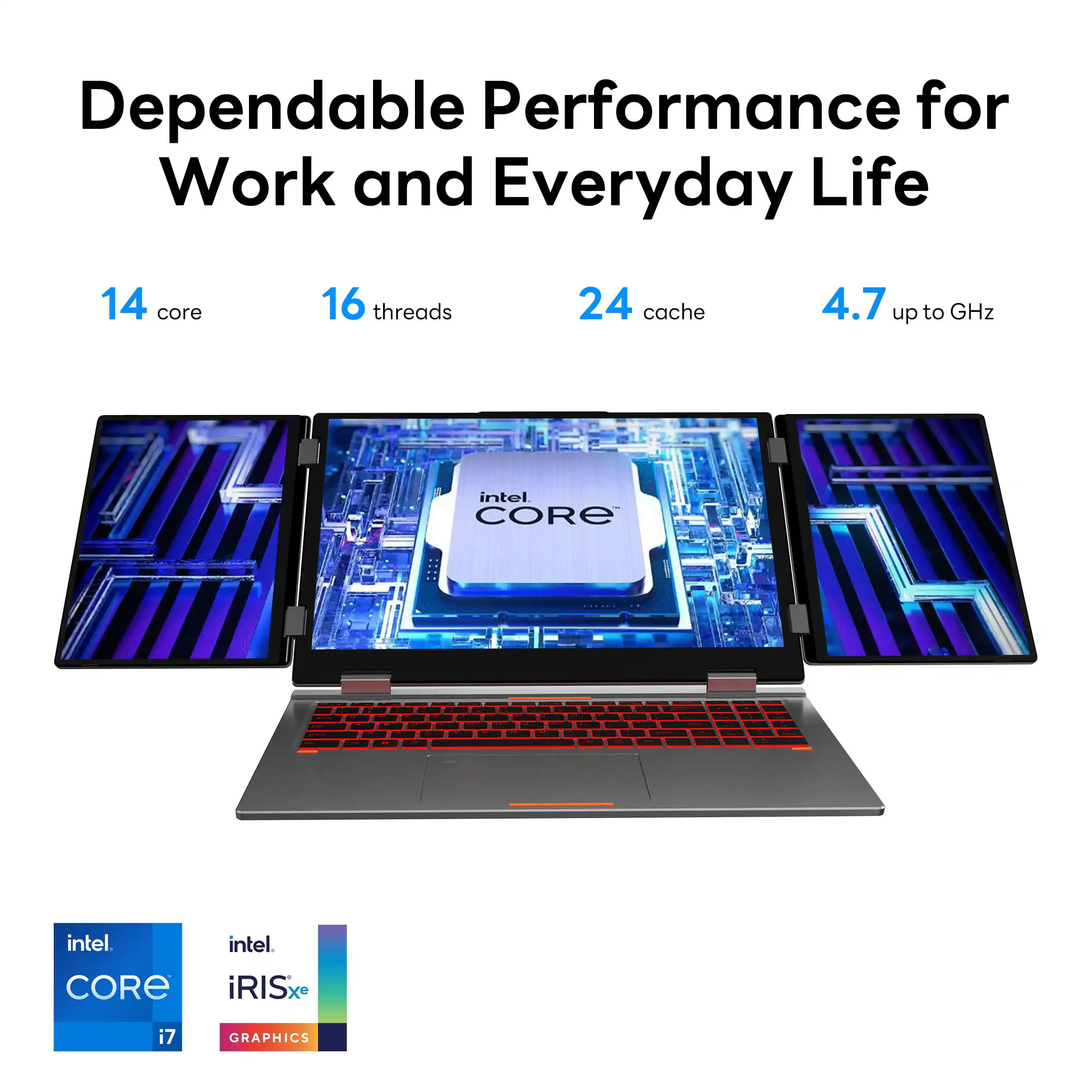 Dependable Performance for Work and Everyday Life

14 core  
16 threads  
24 cache  
4.7 up to GHz  

intel CORE i7  
intel iRIS Xe GRAPHICS