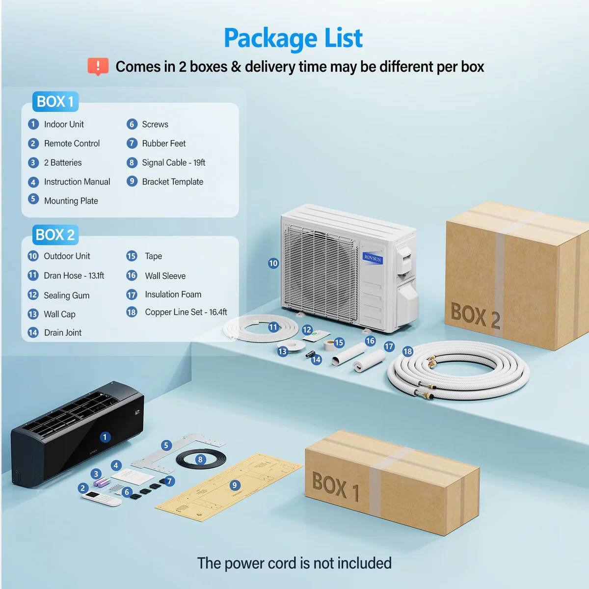 **Package List**

**! Comes in 2 boxes & delivery time may be different per box**

**BOX 1**
1. Indoor Unit
2. Remote Control
3. 2 Batteries
4. Instruction Manual
5. Mounting Plate
6. Screws
7. Rubber Feet
8. Signal Cable - 19ft
9. Bracket Template

**BOX 2**
10. Outdoor Unit
11. Drain Hose - 13.1ft
12. Sealing Gum
13. Wall Cap
14. Drain Joint
15. Tape
16. Wall Sleeve
17. Insulation Foam
18. Copper Line Set - 16.4ft

**The power cord is not included**