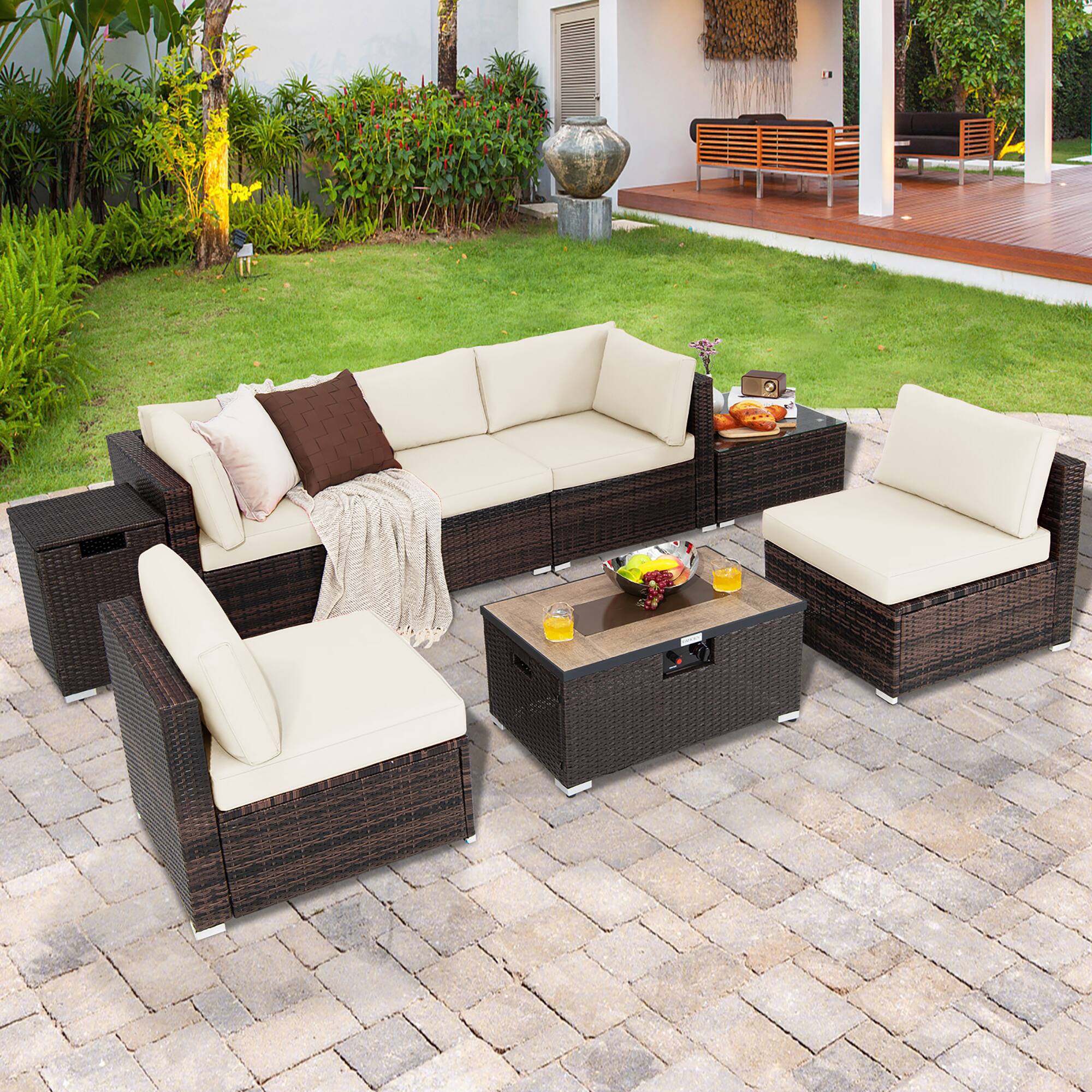 Alt View 2. Costway - Costway 8PCS Patio Rattan Furniture Set Fire Pit Table Tank Holder Cover Deck - Mix Brown,Off White.