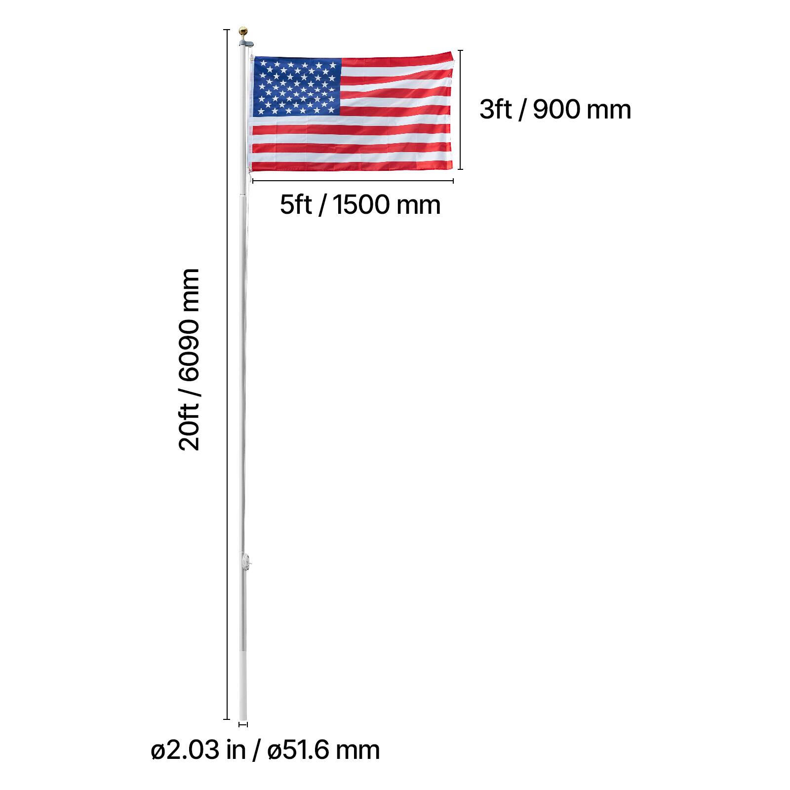 3ft / 900 mm  
5ft / 1500 mm  
20ft / 6090 mm  
Ø2.03 in / Ø51.6 mm