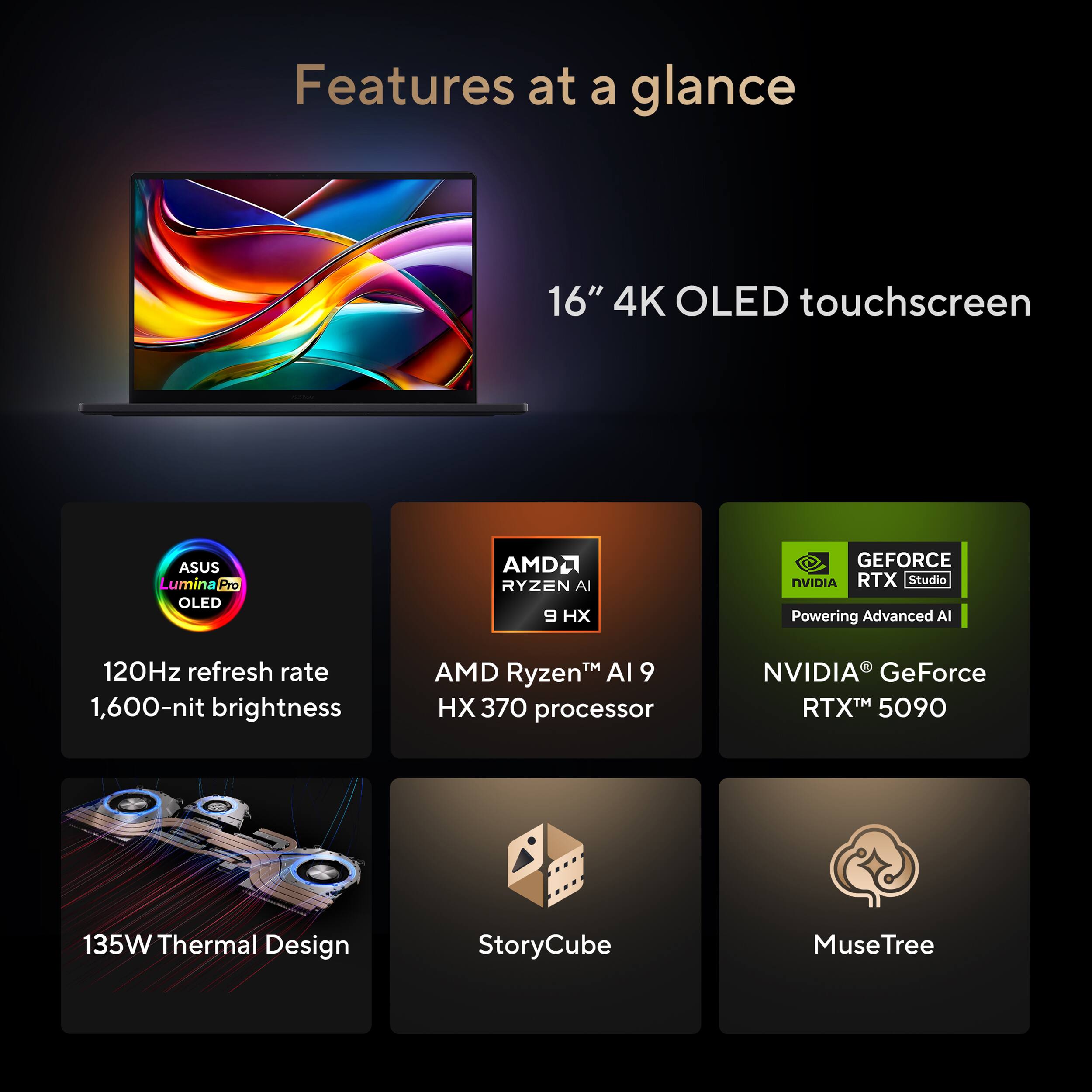 Features at a glance

- 16" 4K OLED touchscreen
- 120Hz refresh rate
- 1,600-nit brightness
- AMD Ryzen™ AI 9 HX 370 processor
- NVIDIA GeForce RTX™ 5090
- 135W Thermal Design
- StoryCube
- MuseTree