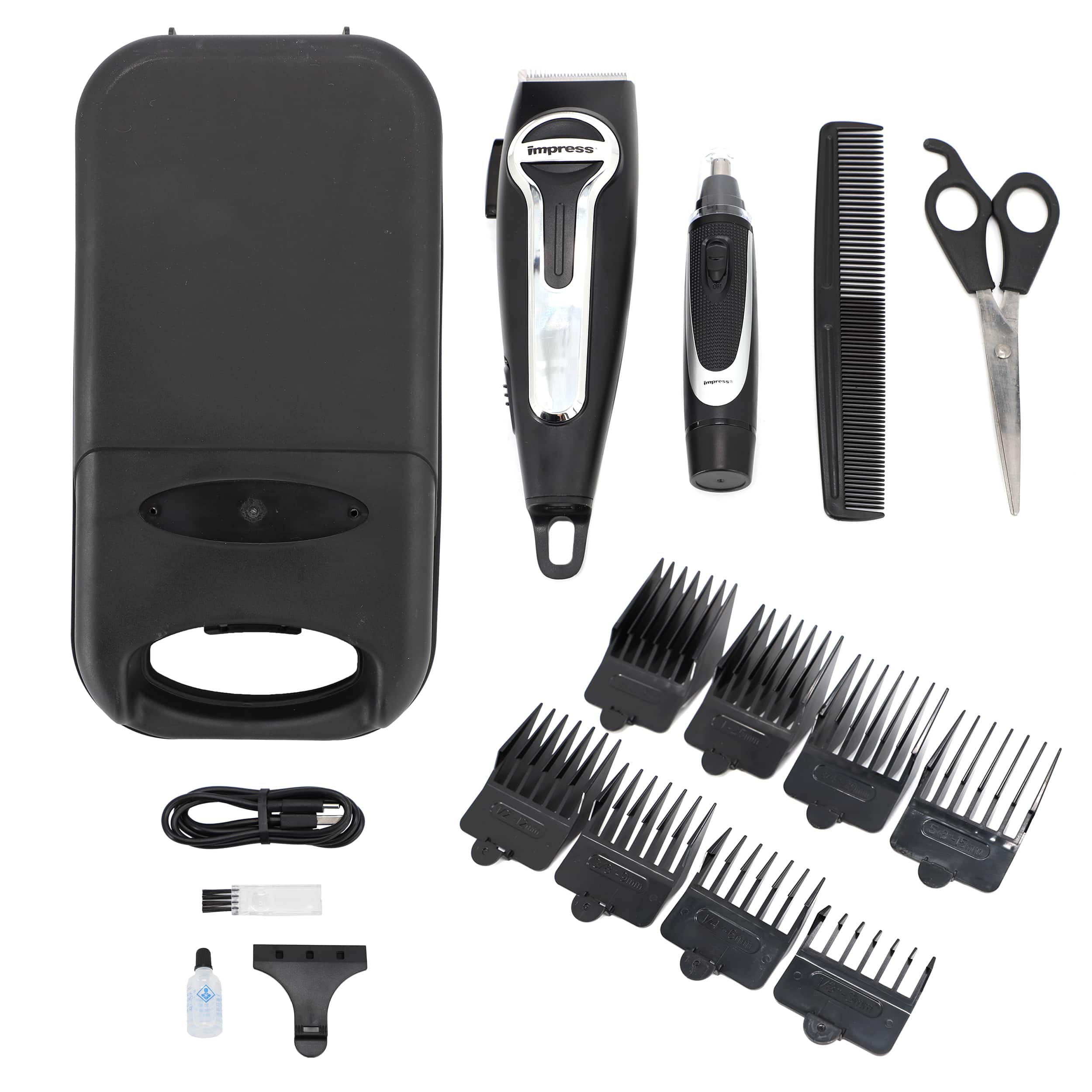 Impress - 18 Piece Cordless Rechargeable Hair Cutting Kit and Nose Trimmer with Storage Case - Black