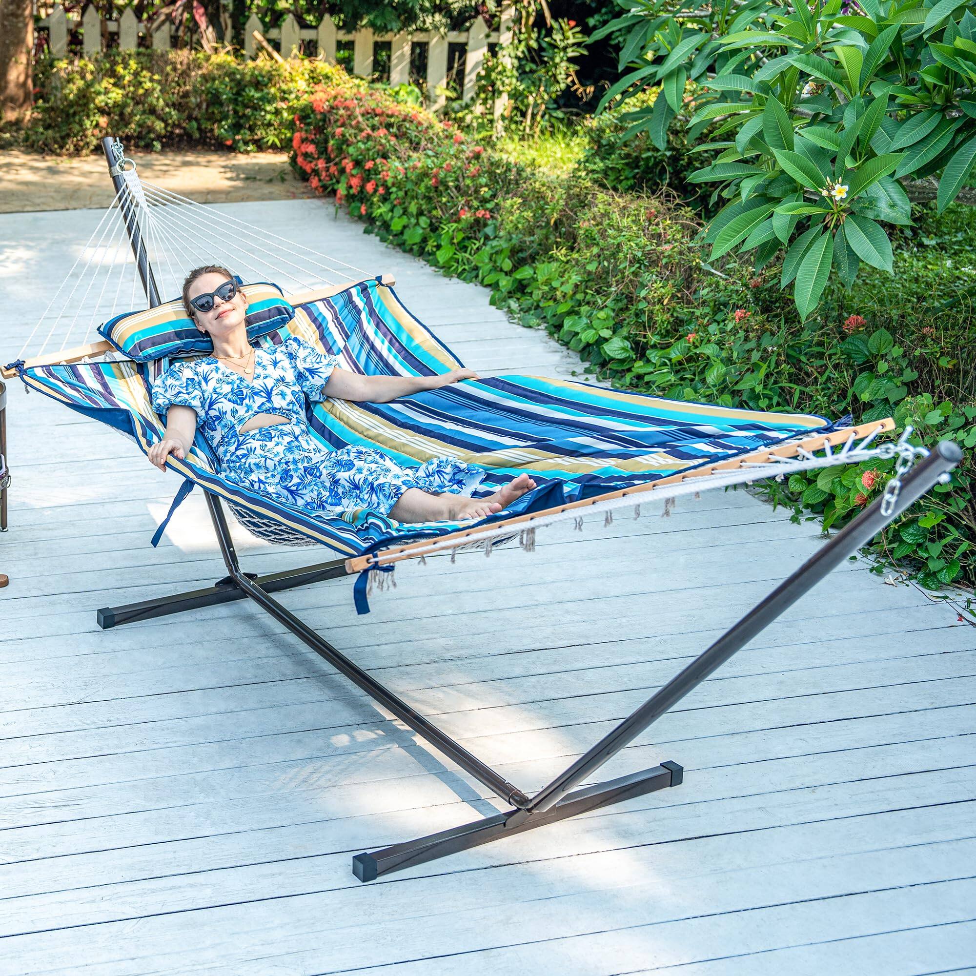 Left. JETRANSPORT - 2 Person Pad With Pillow Double Polyester Quilted 78" X55" Replacement Hammock For Rope Blue Stripes - Grey.