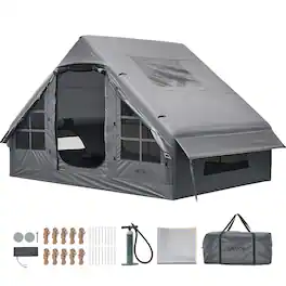 VEVOR - Inflatable Tent for Camping 2-4 Person Blow Up Tent with Pump for Family Outdoor Glamping, Waterproof 420D Oxford - Gray