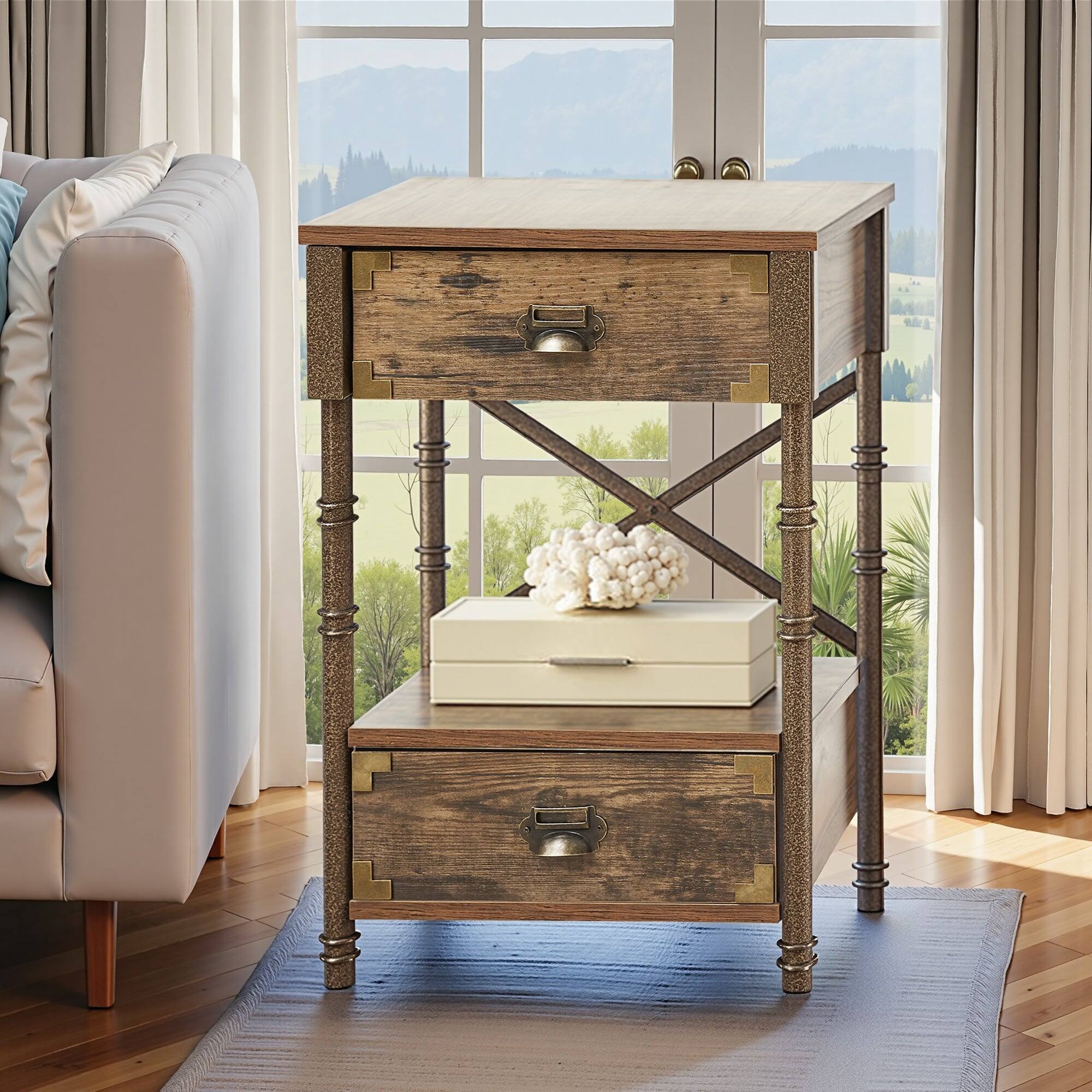 Back. Vecelo - Set of 2 Nightstand with Drawers - Metal Frame Bedside Tables with Storage Shelf, Vintage Accents, 23.7 Inch End Tables - Borwn.