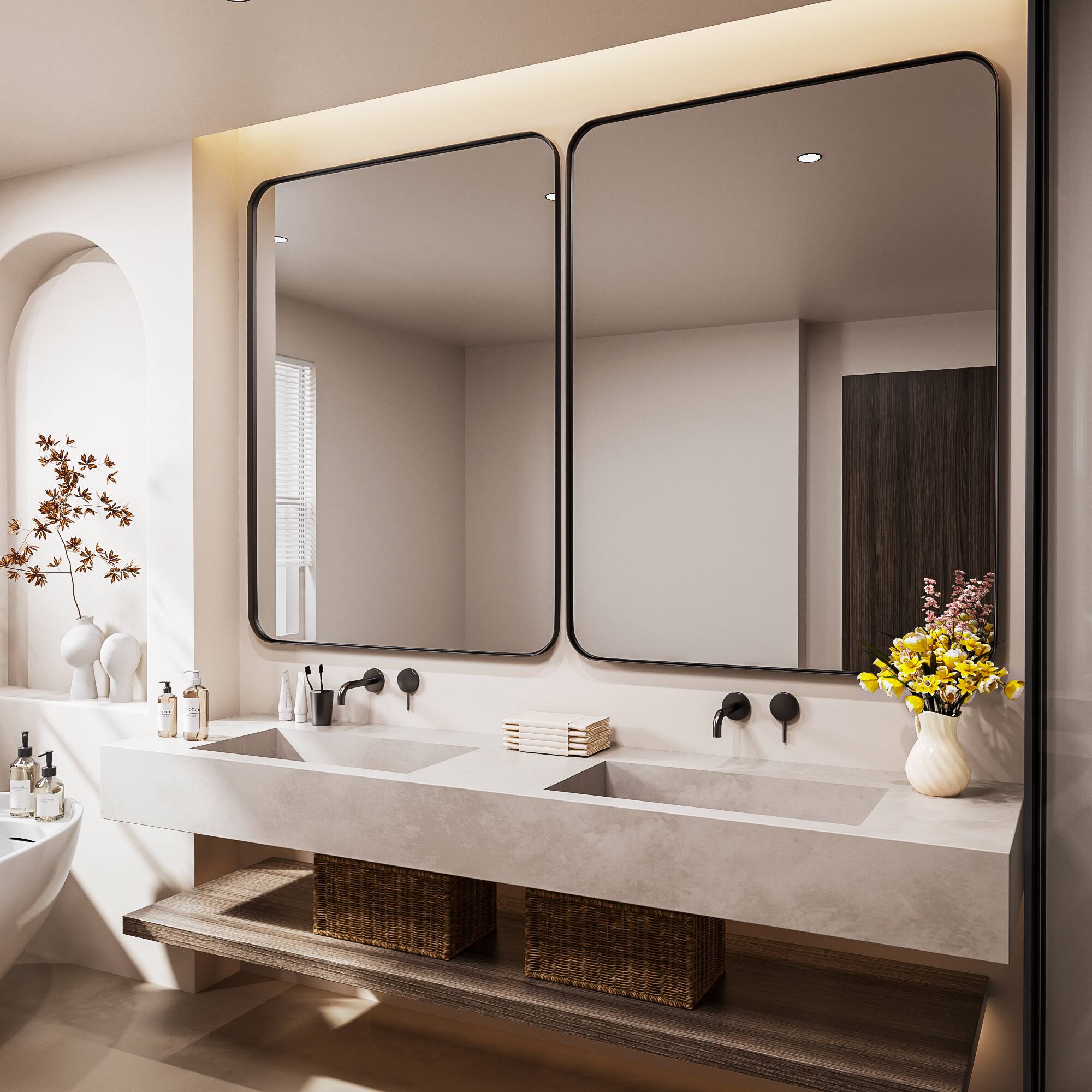 LOVMOR Tempered Glass Rounded Rectangle Framed Wall Mounted Bathroom ...