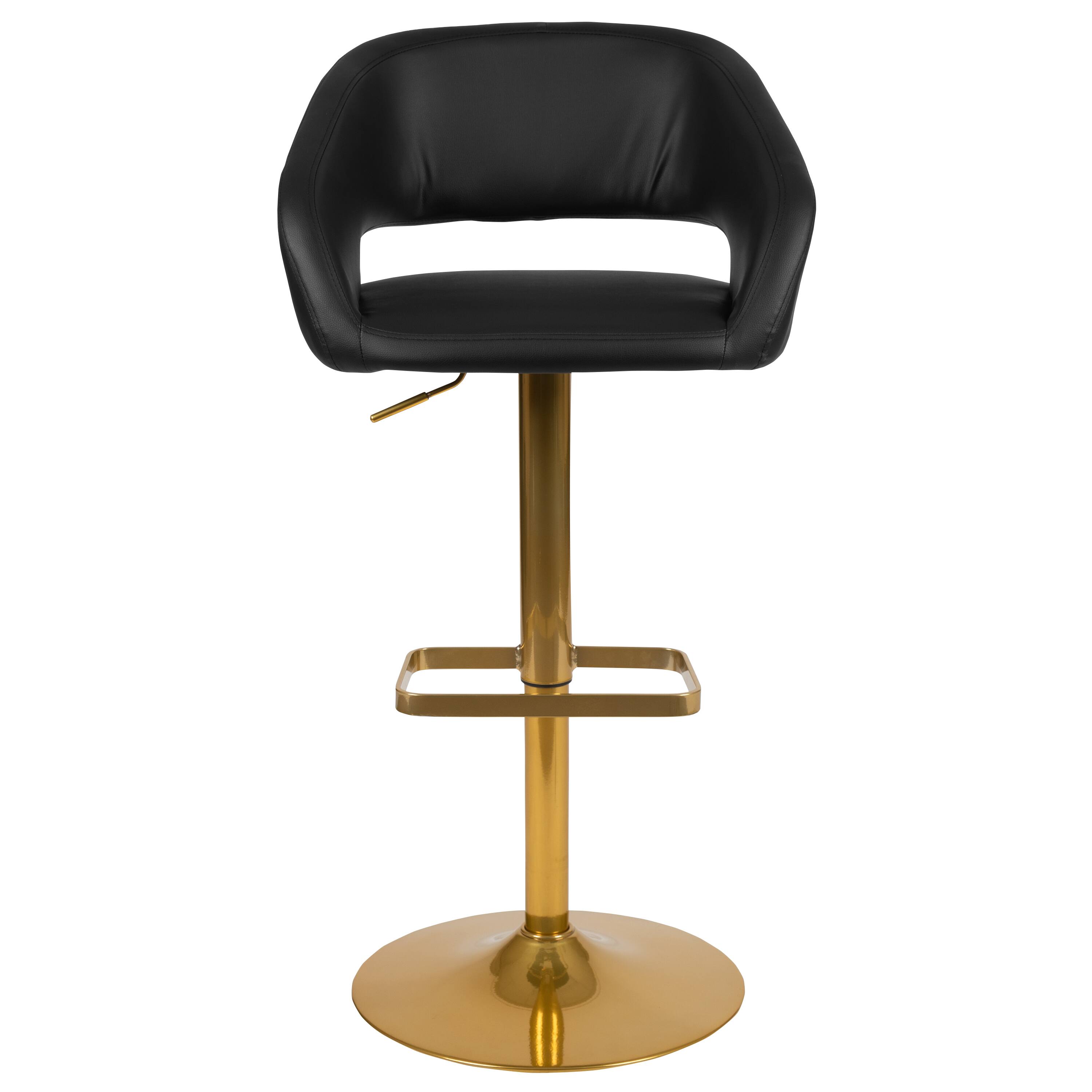Alt View 7. Emma + Oliver - Shae Contemporary Upholstered Adjustable Height Barstool with Rounded, Cutout Mid-Back and Pedestal Base - Black/Gold Frame.