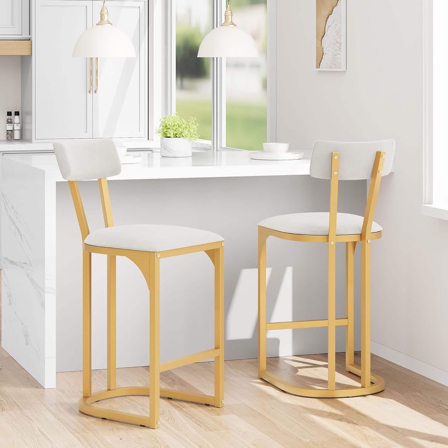 GARVEE - Bar Stools Set of 2, Counter Height Bar Stools, Curved Back with Metal Frame Island Chairs - Gold