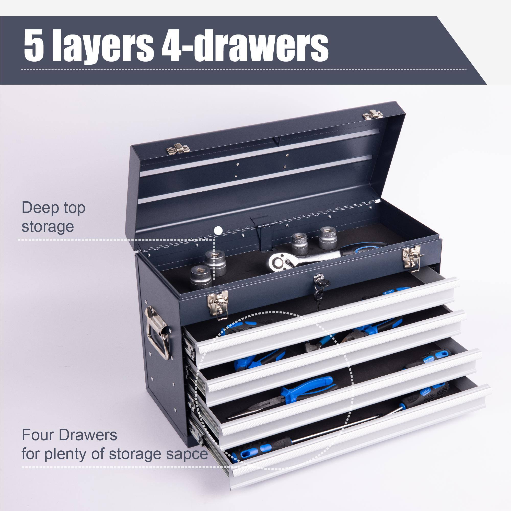 5 layers 4-drawers  
Deep top storage  
Four Drawers for plenty of storage space