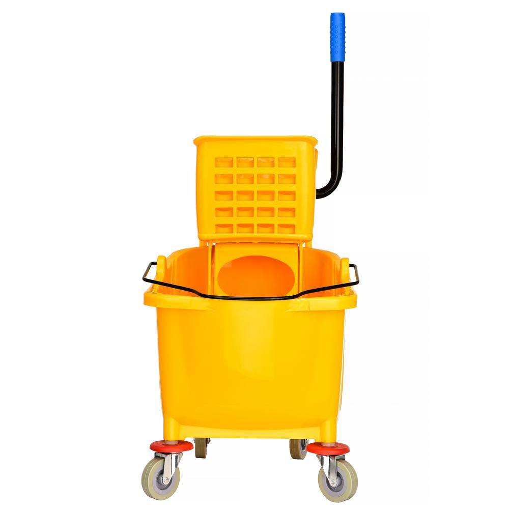 Left. Alpine Industries - 36 Qt. Yellow PVC Mop Bucket with Side Wringer - Yellow.