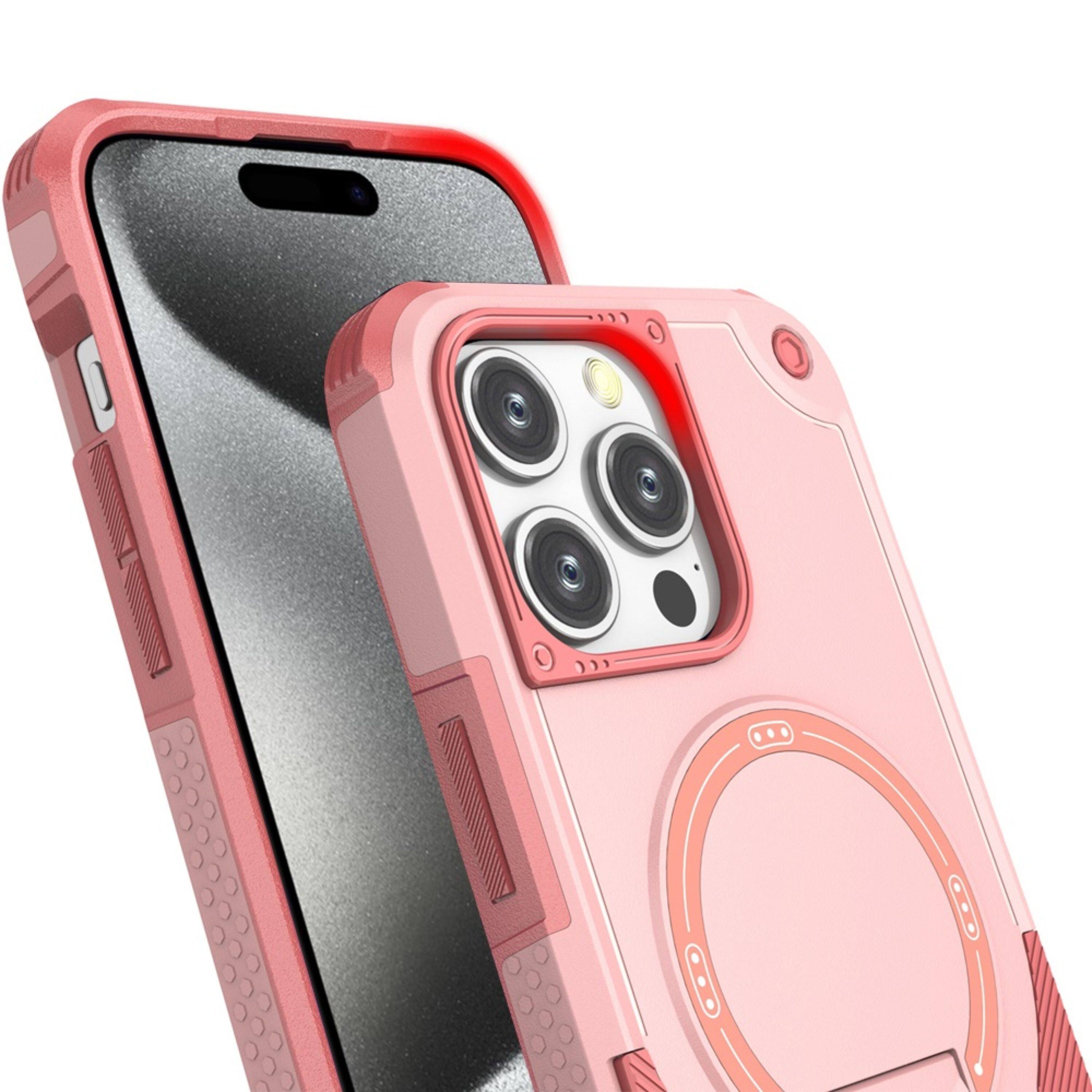 Angle. Kitcheniva - Rugged Magnetic Grip Stand Case With Tempered Glass For iPhone 15 Pro Max Pink - Pink.