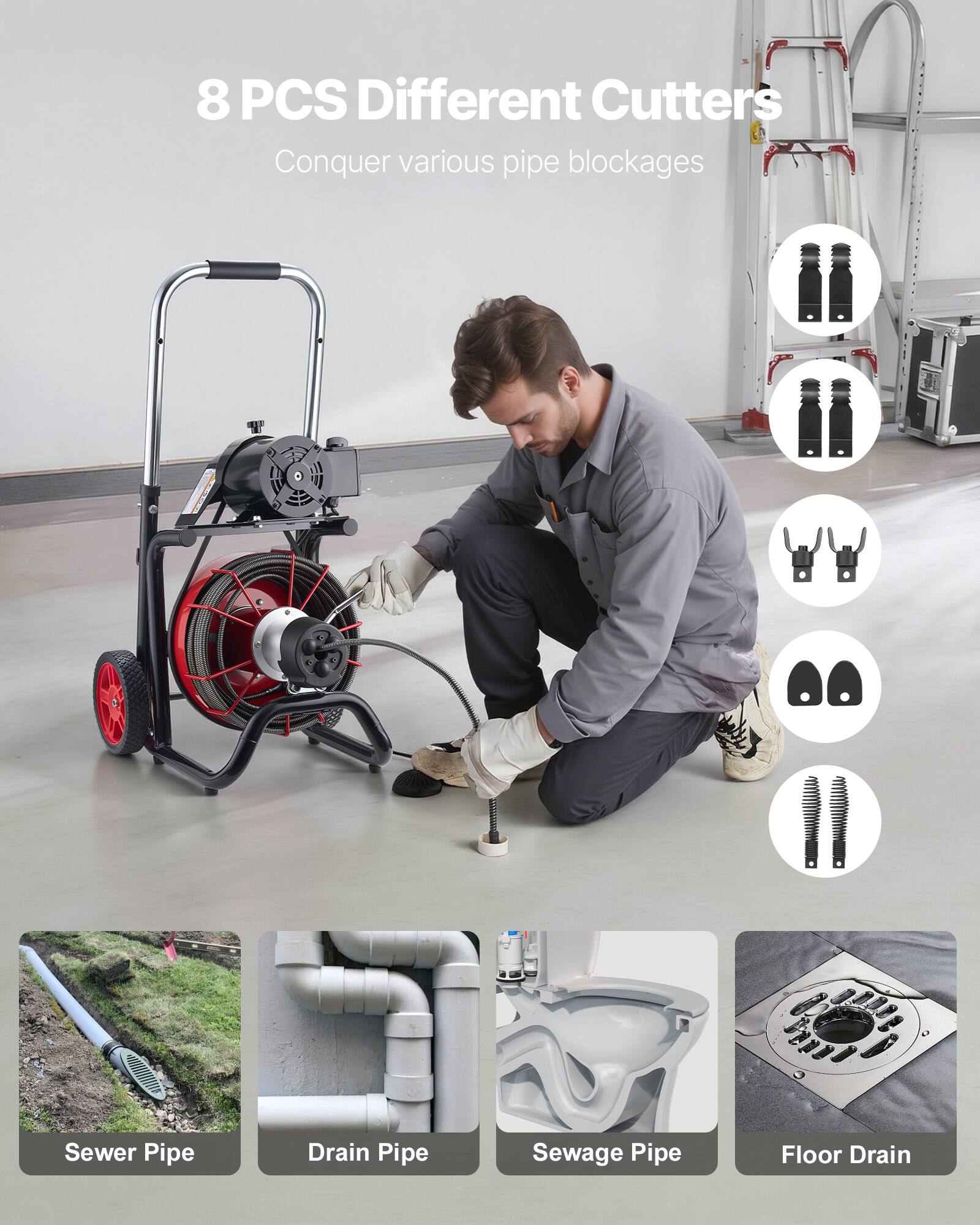 8 PCS Different Cutters  
Conquer various pipe blockages  
Sewer Pipe  
Drain Pipe  
Sewage Pipe  
Floor Drain