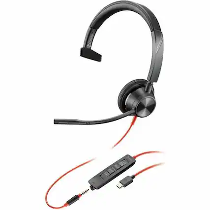 Front. HP - Poly Blackwire 3315 Headset +USB-C/A Adapter TAA - Mono - Mini-phone (3.5mm), USB Type C - Wired - 32 Ohm - 20 Hz to 20 - Black.