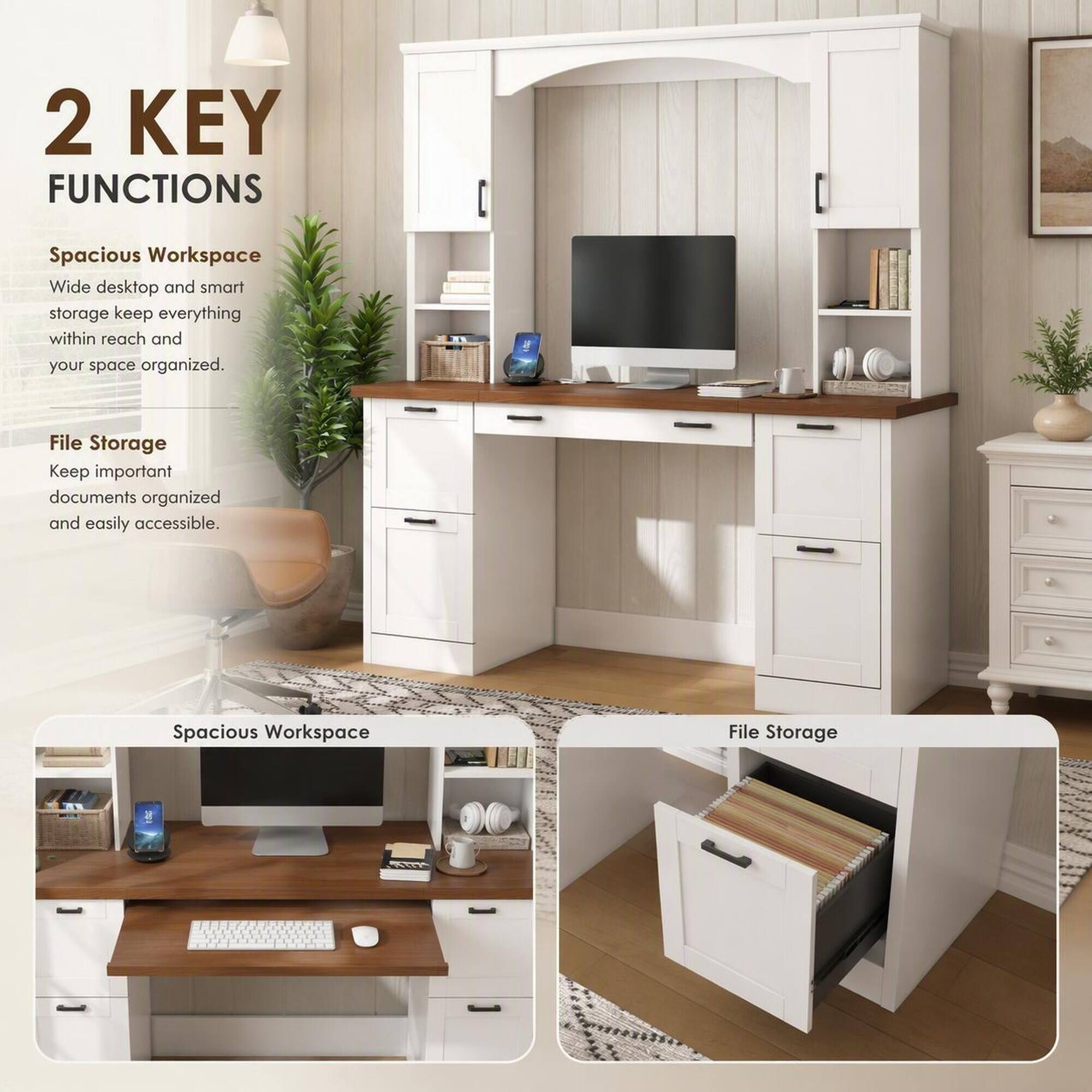 2 KEY FUNCTIONS

Spacious Workspace  
Wide desktop and smart storage keep everything within reach and your space organized.

File Storage  
Keep important documents organized and easily accessible.

Spacious Workspace

File Storage