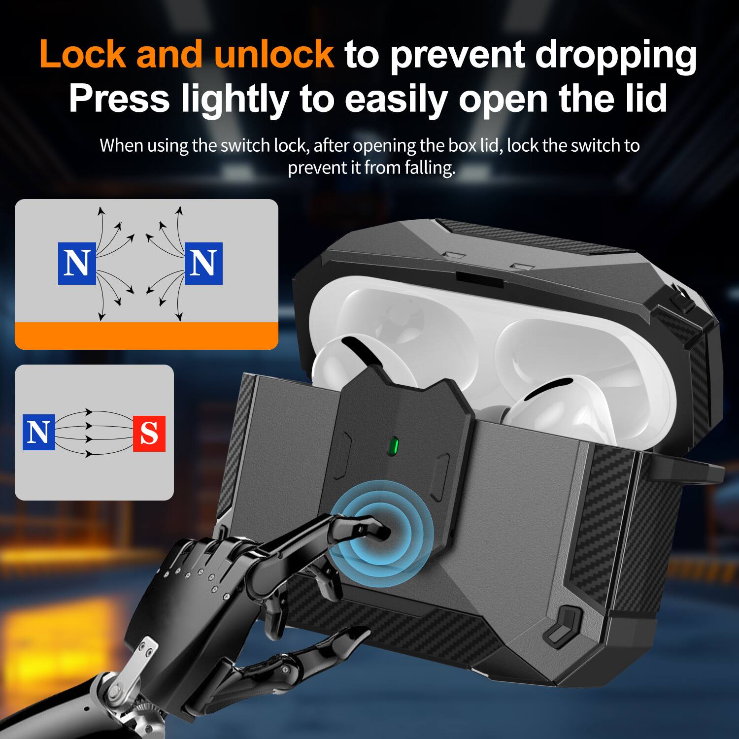 Lock and unlock to prevent dropping  
Press lightly to easily open the lid  
When using the switch lock, after opening the box lid, lock the switch to prevent it from falling.