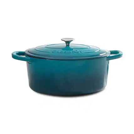 Front. Crockpot - Crock Pot Artisan 5 Quart Round Enameled Cast Iron Dutch Oven in Teal Ombre - Teal Ombre.