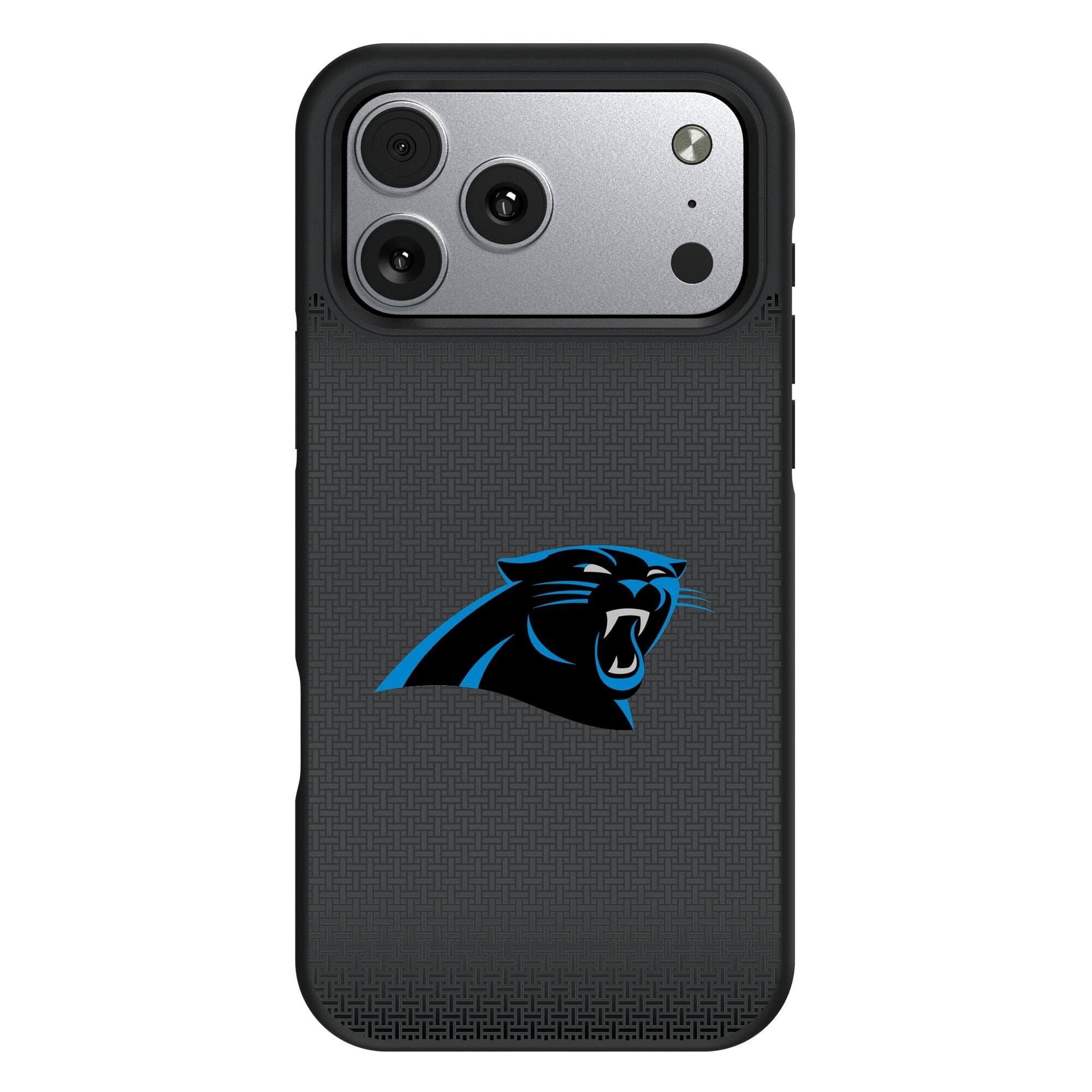Front. Keyscaper - Carolina Panthers Linen Logo iPhone Bump Case - 15 Pro Max - Black.