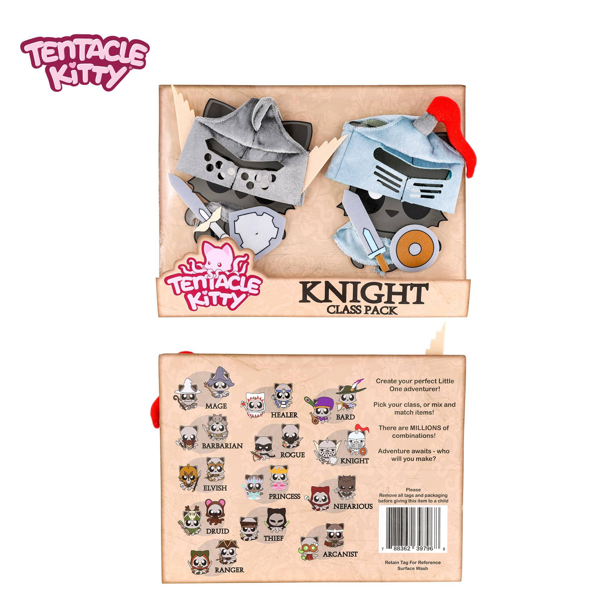 TENTACLE KITTY TENTACLE KNIGHT KITTY CLASS PACK

Create your perfect Little One adventurer!  
MAGE BARBARIAN HEALER ROGUE  
Pick your class, or mix and match items!  
BARD  
There are MILLIONS of combinations!  
Adventure awaits - who KNIGHT will you make?  
ELVISH PRINCESS  
NEFARIOUS DRUID RANGER THIEF ARCANIST  

Please remove all tags and packaging before giving to a child.  

8362 39796  
Retain Tag For Reference  
Surface Wash