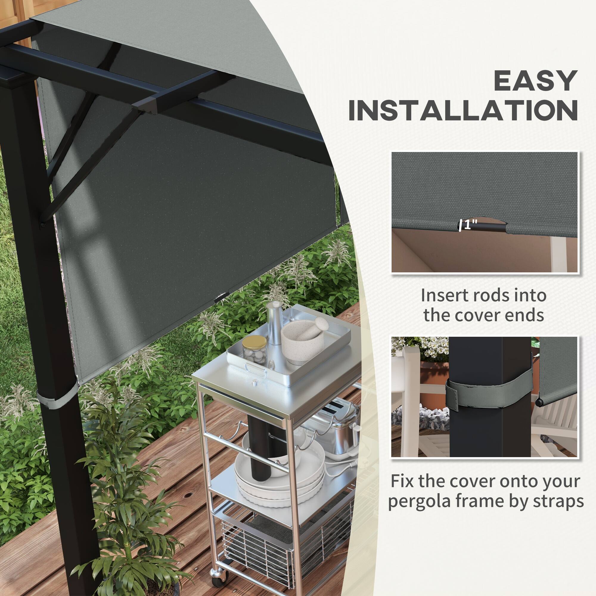 EASY INSTALLATION

11" Insert rods into the cover ends

Fix the cover onto your pergola frame by straps