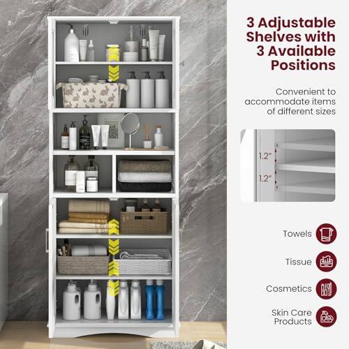 3 Adjustable Shelves with 3 Available Positions
Convenient to accommodate items of different sizes
1.2" 1.2"
Towels
Tissue
Cosmetics
Skin Care Products
