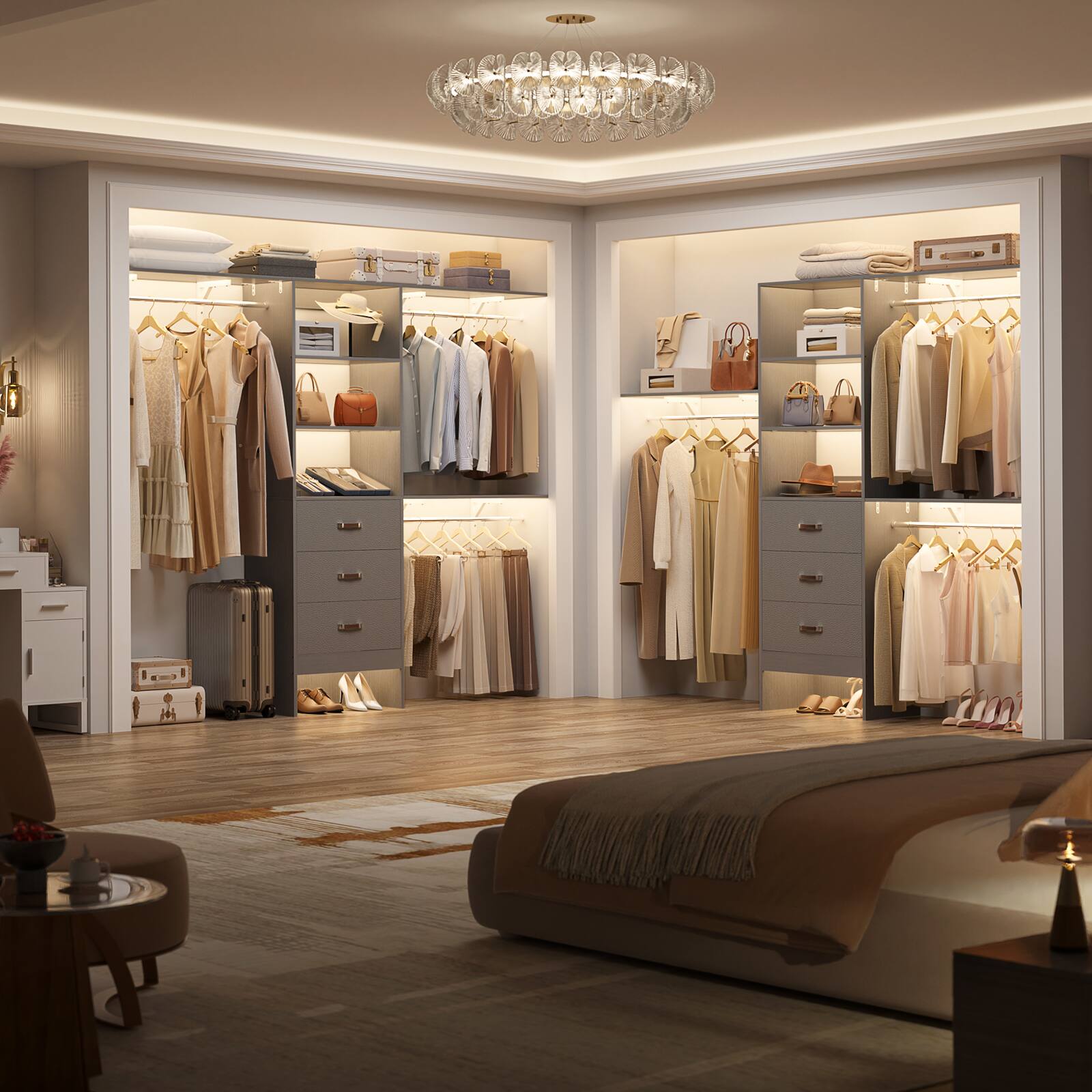 Left. Aheaplus - 20.2'' - 96'' W Closet System, Walk In Closet Organizer with 3 Shelving Towers, 3 Hanging Rods, and 3 Drawers, 75'' High - Gray.