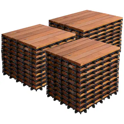 Front. Bliss Hammocks - Bliss Outdoors Hardwood 6-Slat Interlocking Wood Deck Tiles, Natural, Set of 30 - Natural Wood.